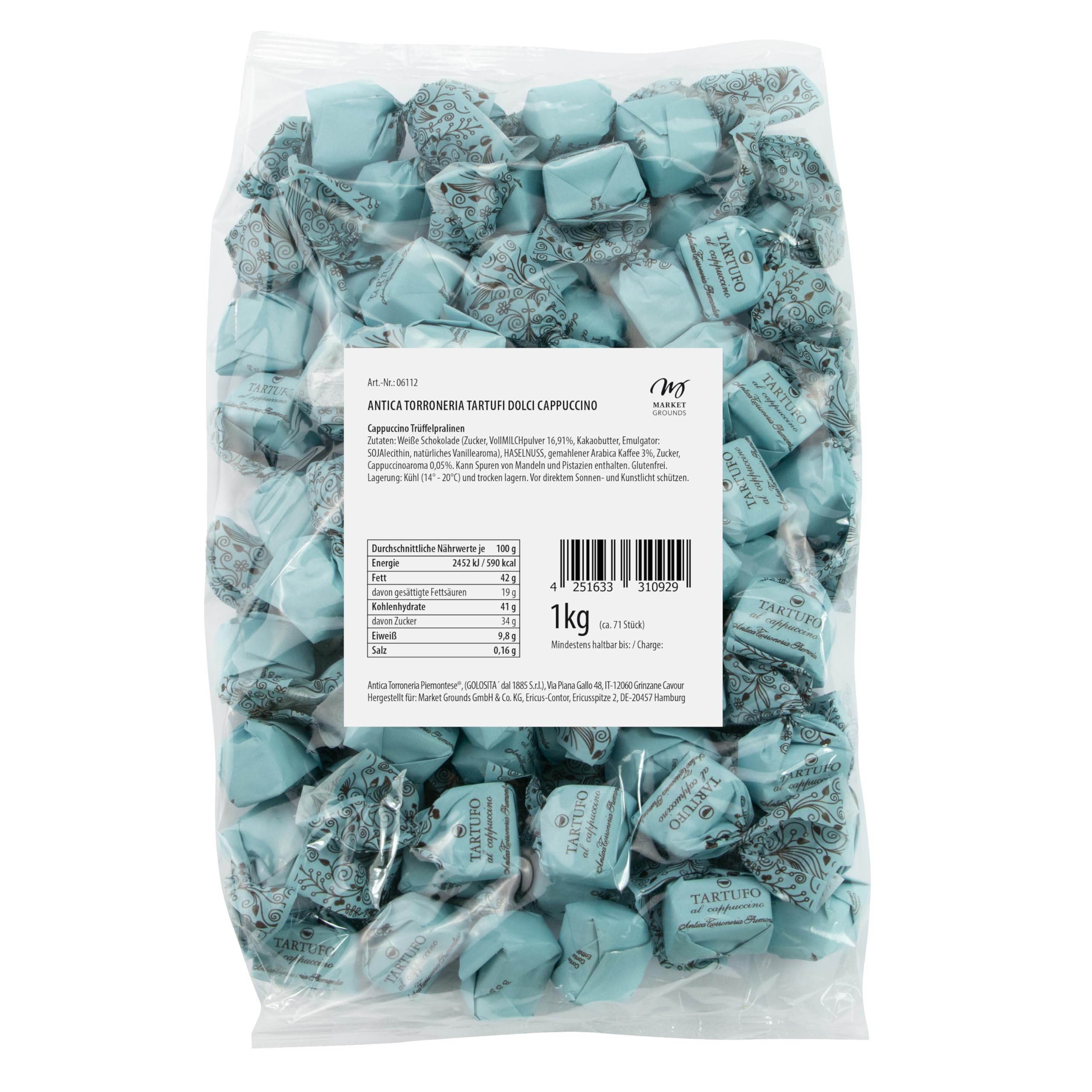 Antica Torroneria Piemontese Tartufi Dolci Cappuchino, 1kg – Feinste exquisite Italienische Trüffelpralinen, Glutenfrei & Köstlich, Ideal als Edle Geschenkidee - 70 Stück, je 14g