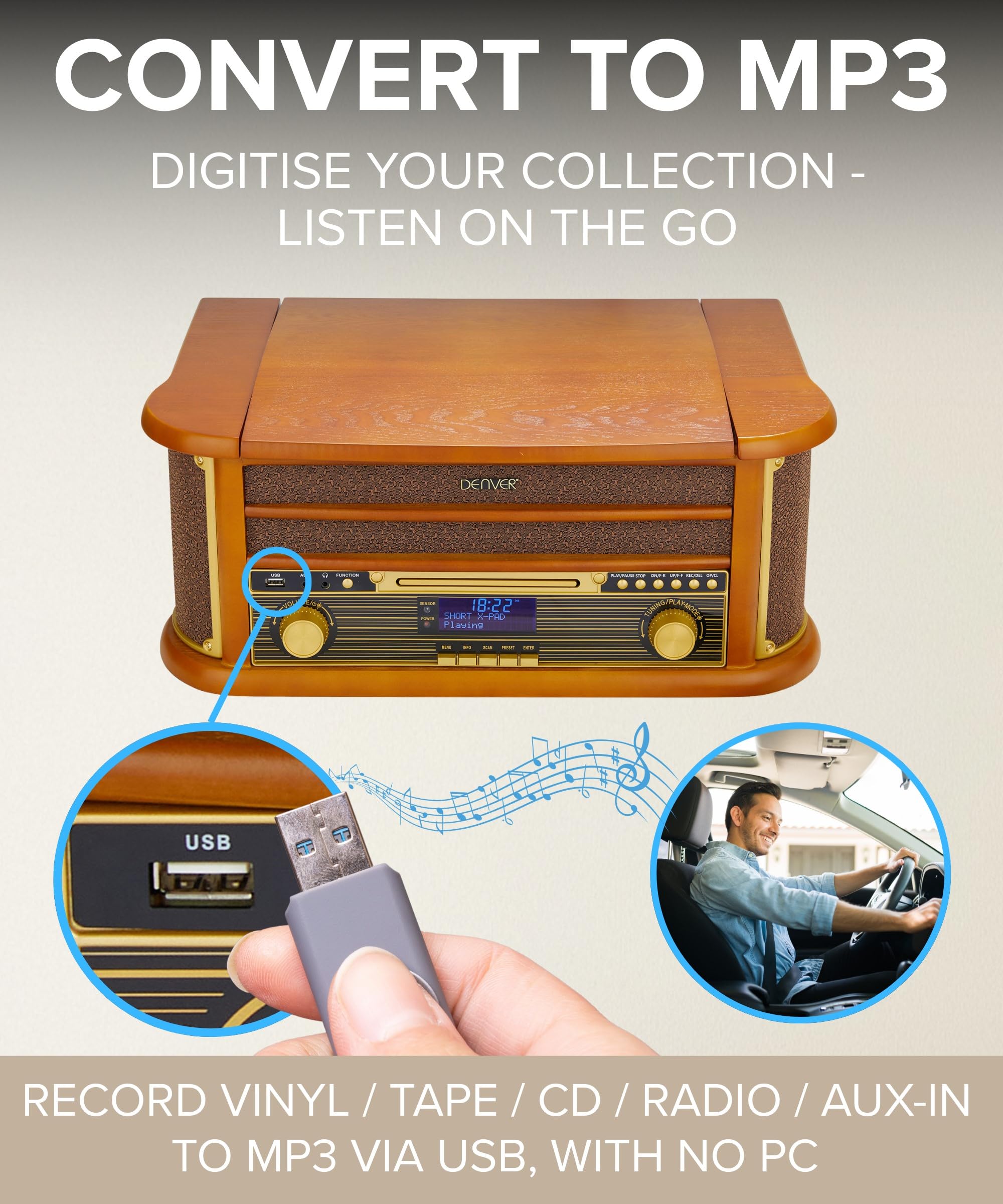 Denver MRD-51BT MK2 Lecteur de disque radio Bluetooth 9 en 1 en bois avec haut-parleurs – Radio DAB+, FM, lecteur de cassette, lecteur CD, entrée auxiliaire, enregistrement MP3 USB, entrée auxiliaire