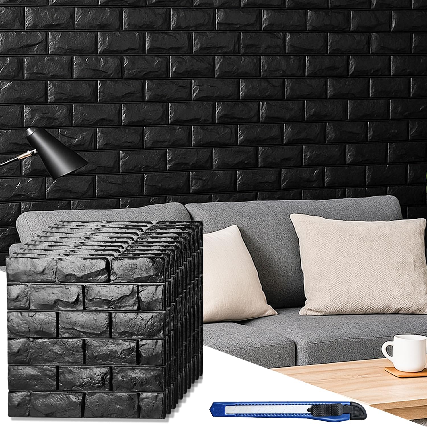 20 Pcs 3d Wall Panels Stick and Peel, Black Brick Printable Faux Paneling Self Adhesive Waterproof 3d Wallpaper Stick and Peel for Bedroom, Bathroom, Kitchen, Fireplace (19.38 sq feet Coverage)
