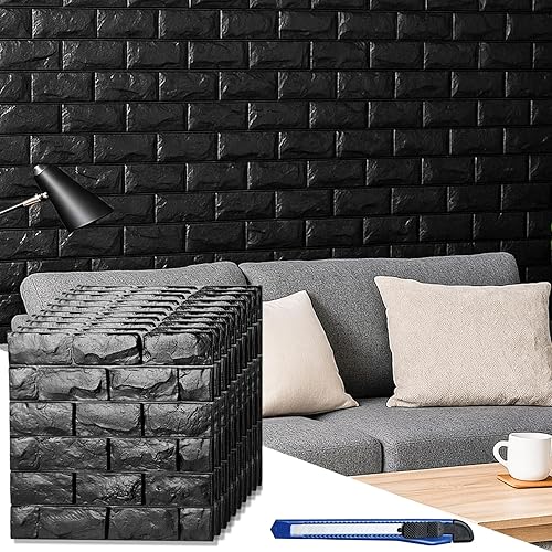 Circloophs 3D Wall Panels Stick and Peel, Black Brick Printable 3D Wallpaper Stick and Peel Self Adhesive Waterproof Foam Faux Brick Paneling for Bedroom, Bathroom, Kitchen, Fireplace (11, Black)
