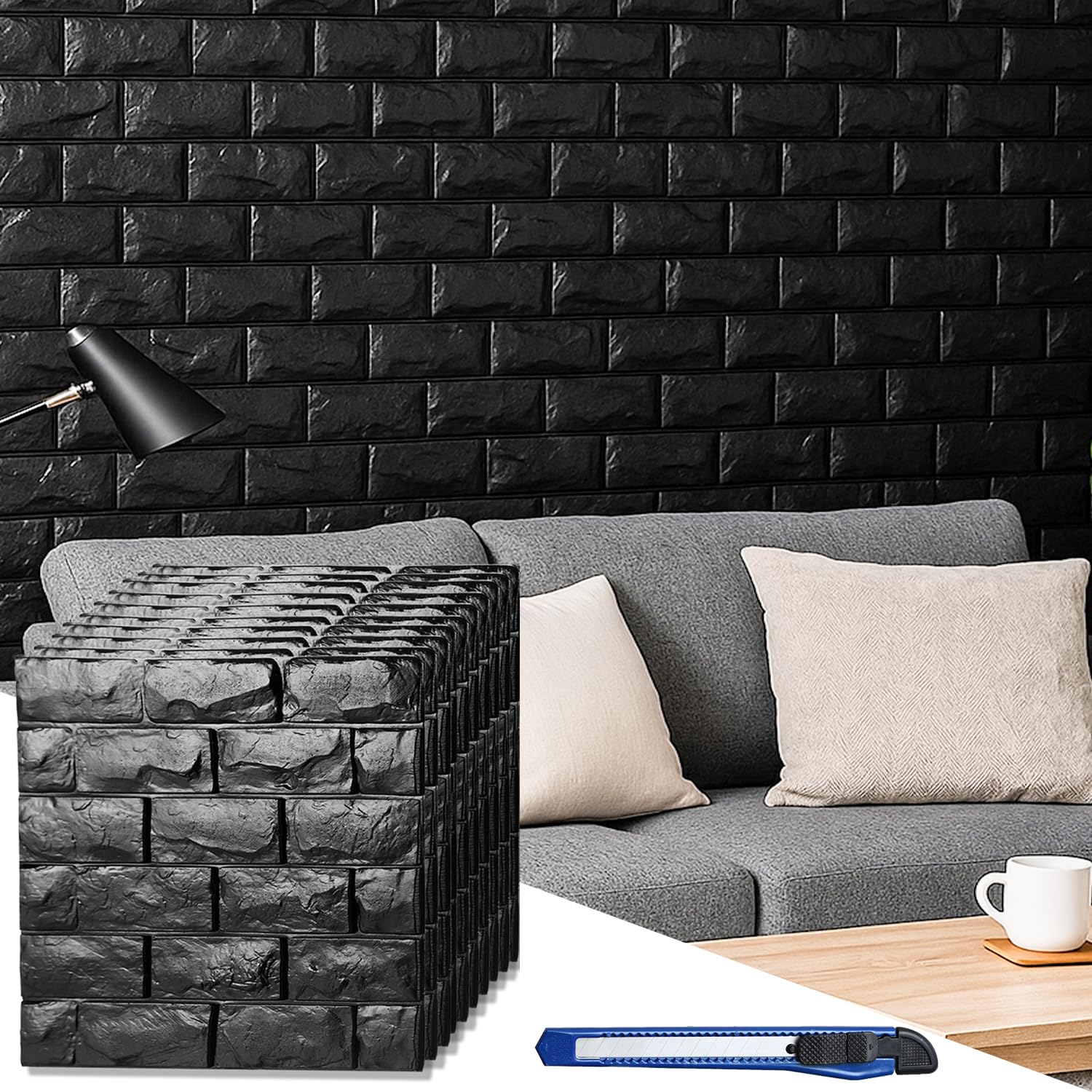 20 Pcs 3d Wall Panels Stick and Peel, Black Brick Printable Faux Paneling Self Adhesive Waterproof 3d Wallpaper Stick and Peel for Bedroom, Bathroom, Kitchen, Fireplace (19.38 sq feet Coverage)