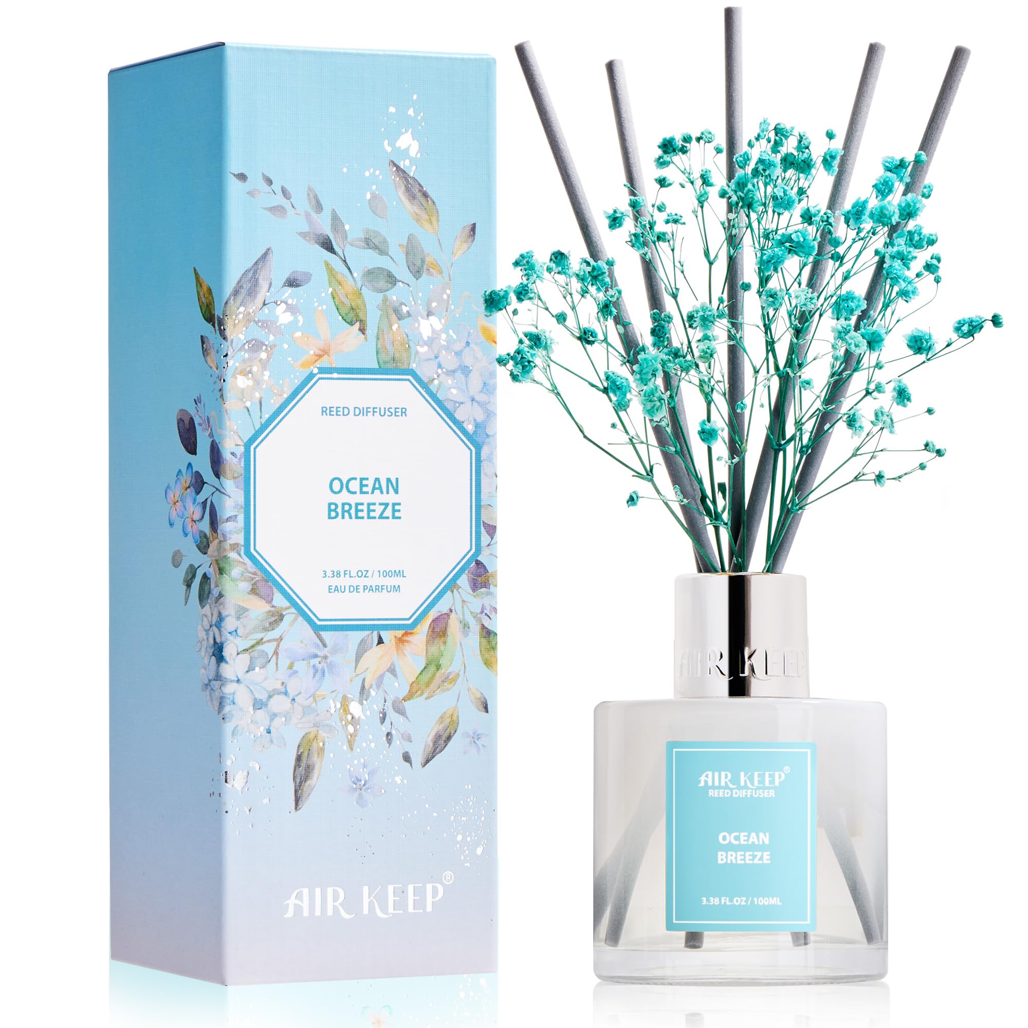 Airkeep Reed Diffuser Set,3.38 fl oz (100 ml) - Ocean Breeze Oil Diffusers with 8 Reed Sticks, Home Fragrance Reed Diffuser for Bathroom Shelf Decor