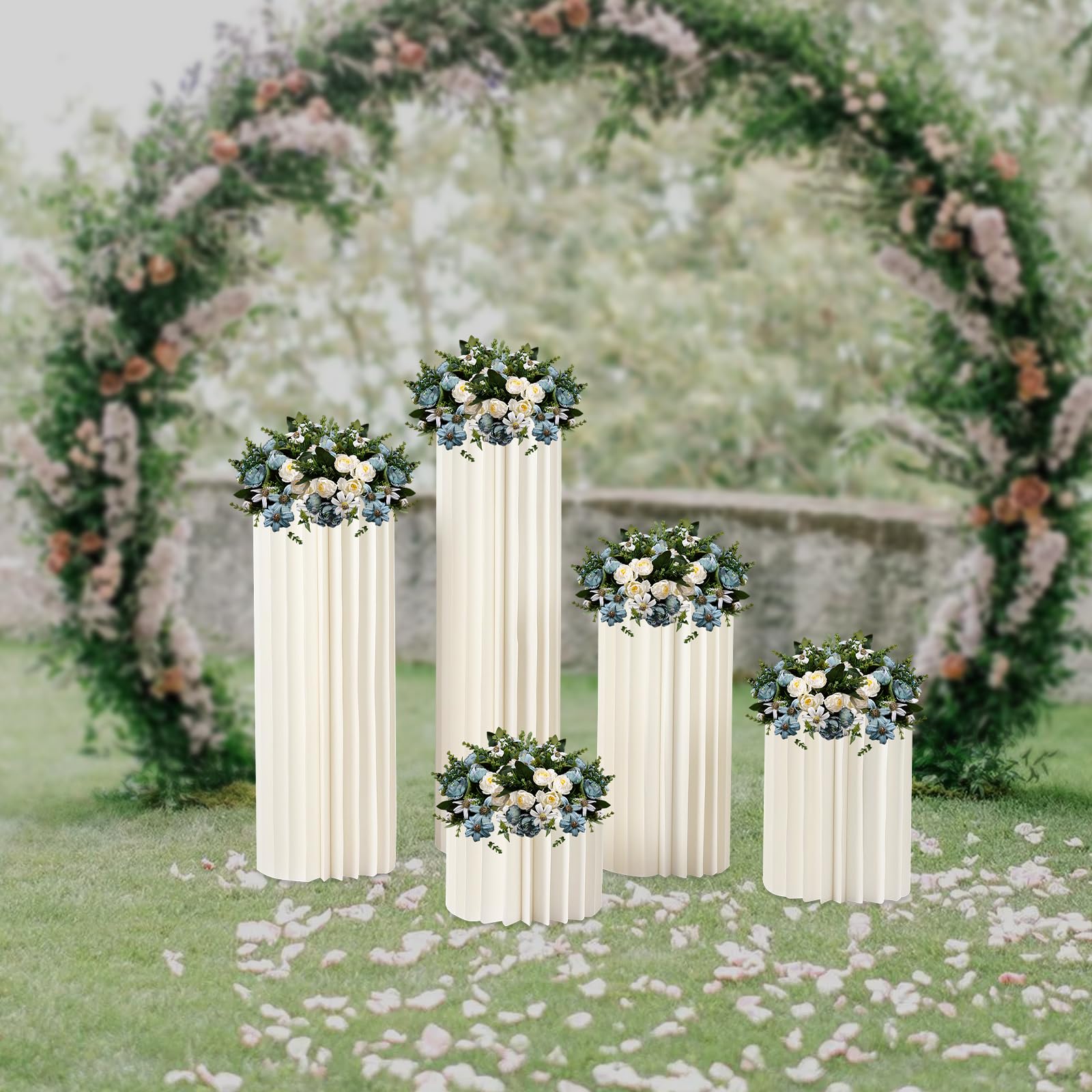 Faltbare Pappensäulen 5er-Set mit PVC-Platten, Höhe 20/40/60/80/100cm, 20-fach gefaltet, 42 Blätter, cremeweiß, Dekosäulen für Hochzeiten, Partys, leicht aufzubauen, stabil und wiederverwendbar
