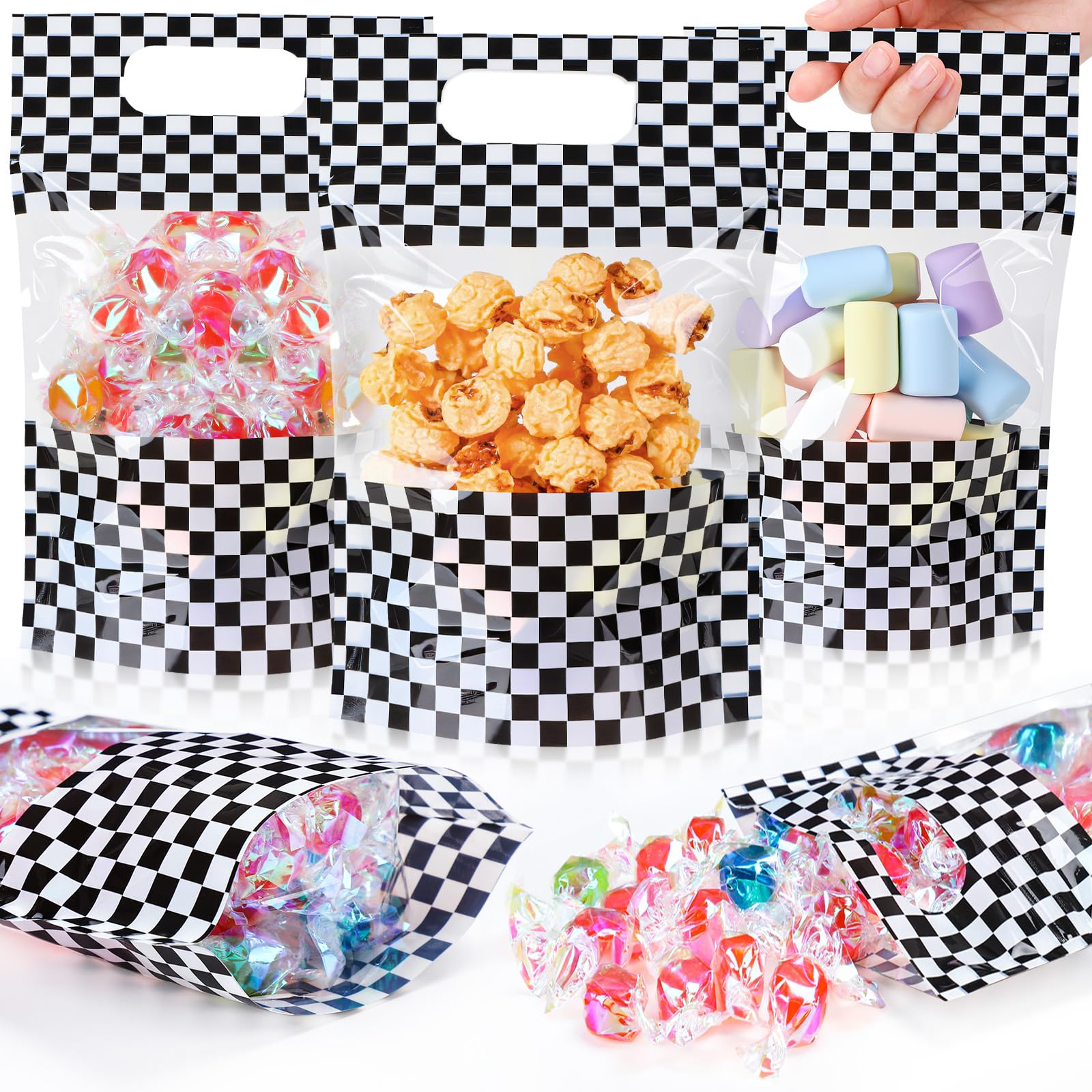 Fuutreo 50 Pcs Racing Car Bags Racing Clear Sealing Pouches with Handles Resealable Black and White Checkered Flags Plastic Bag for Race Theme
