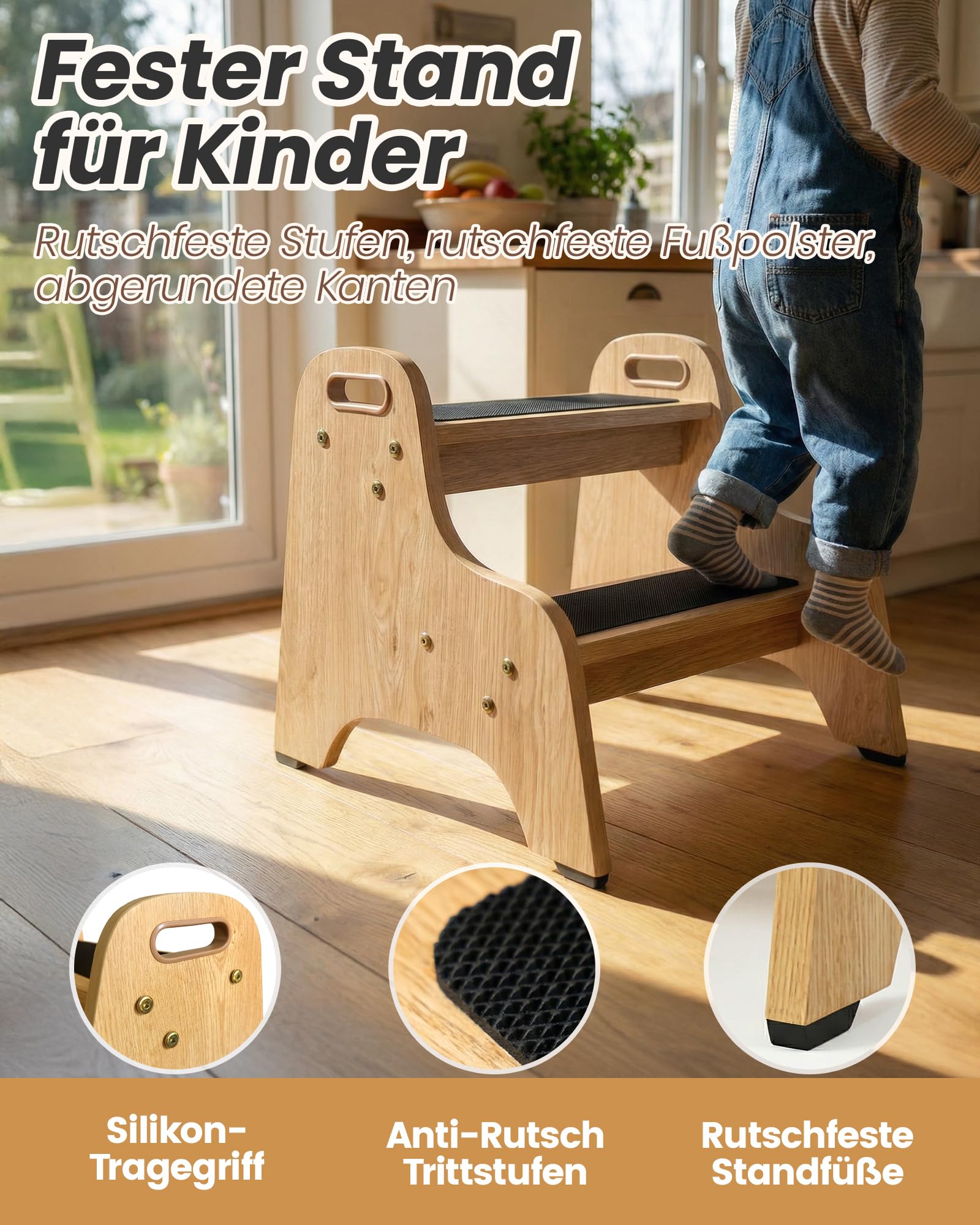 Tritthocker Kinder aus Holz – extra stabil & rutschfest, Anti-Rutsch Stufen, sichere Rundkanten, Fester Halt – ideal für Bad, Toilette & Küche