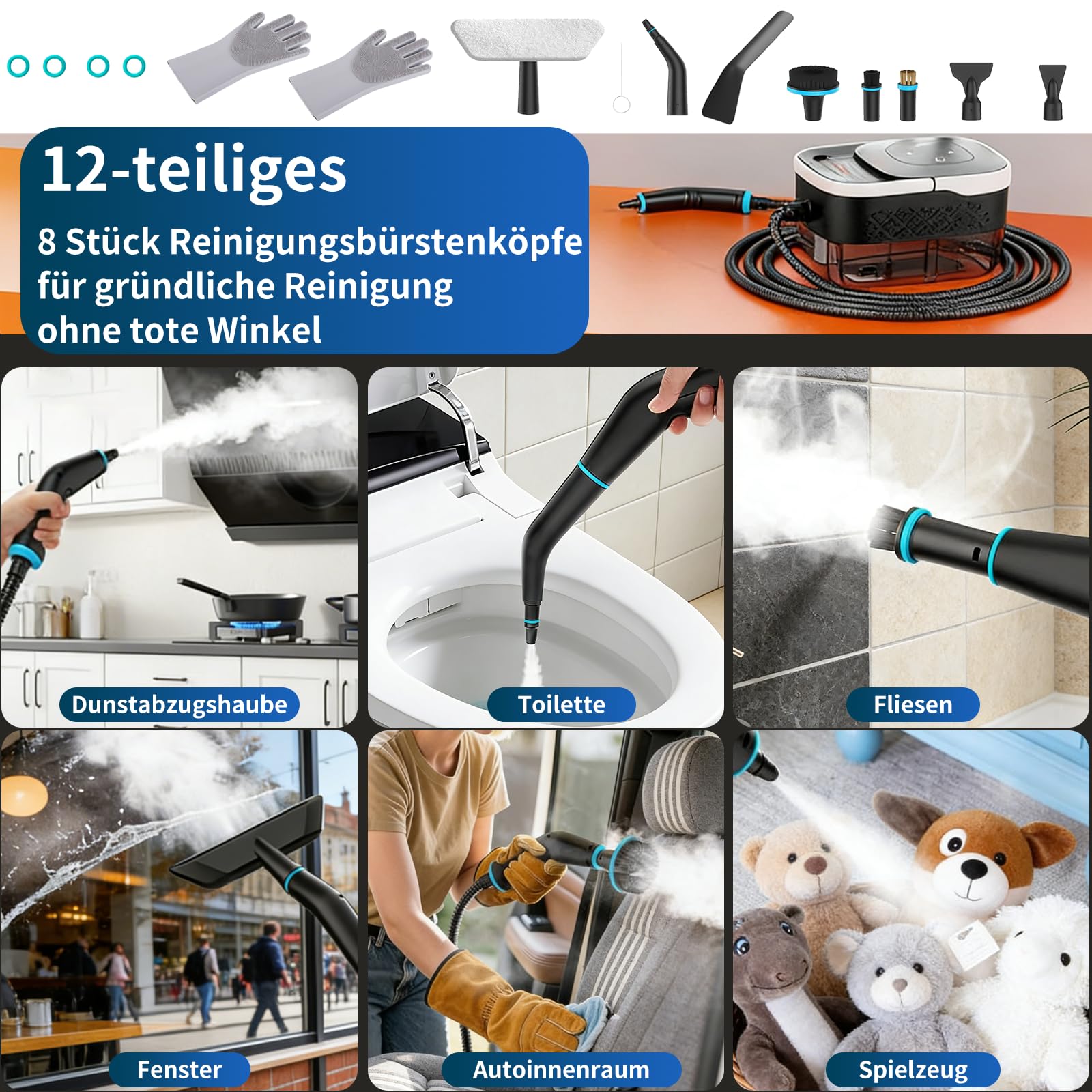 Dampfreiniger Handgerät, 2500W Handdampfreiniger, 8 Düsen, 6 Dampfstufen, 1250 ML Tank, 105℃ Hochtemperatur, 4 BAR Hochdruck, 15S Heizzeit, Tragbarer Dampfreiniger für Auto Küche Bad Polster BBQ