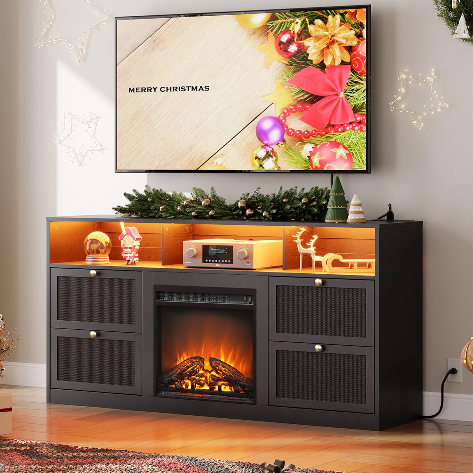 HOOBRO Fireplace TV Stand with Charging Station for TVs Up to 65", Black Entertainment Center with Fireplace and 4 Big Rattan Drawers, Media LED TV Console for Living Room, Black BK75UDDS01