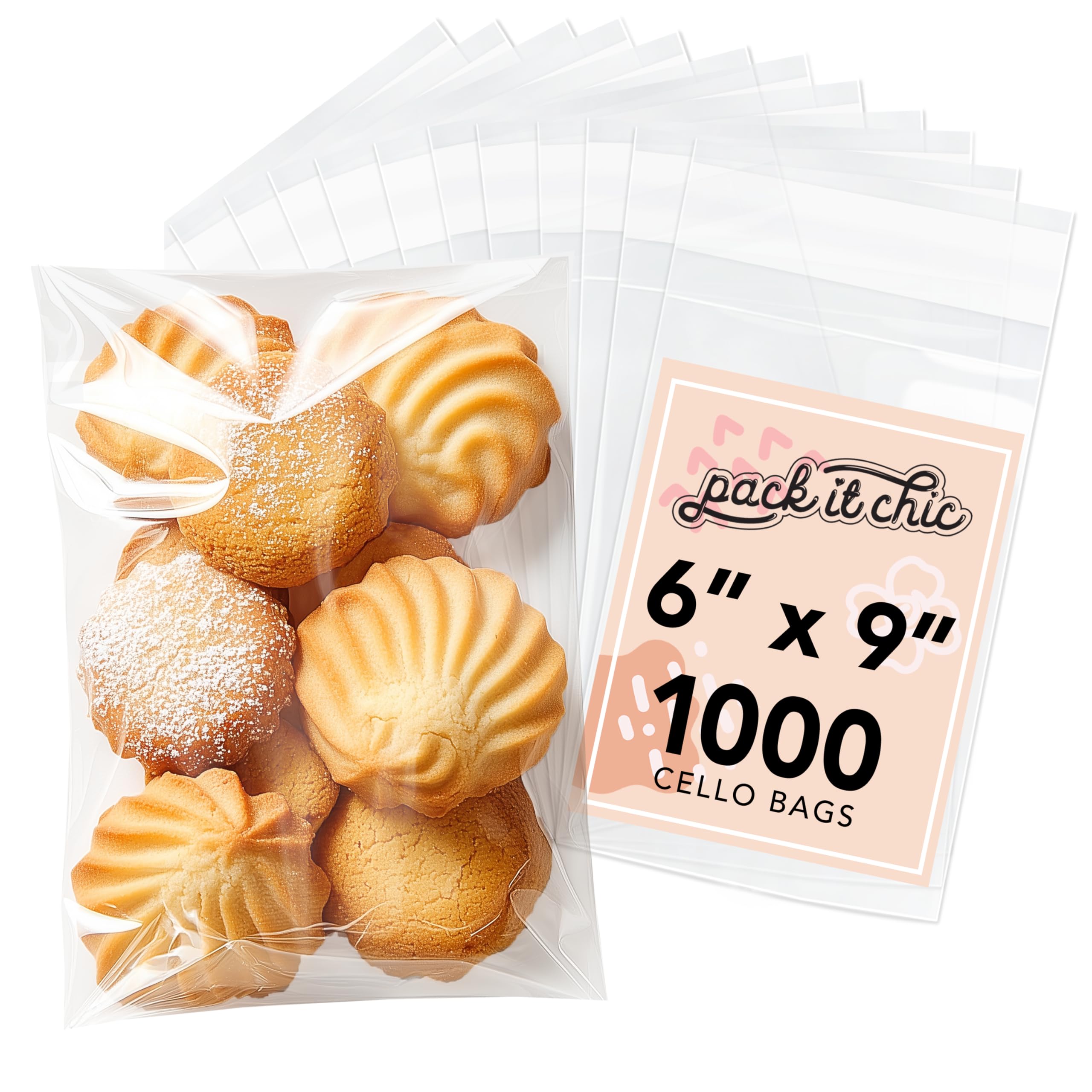 Pack It Chic Sacchetti in polietilene trasparenti richiudibili in cellofan - Adatto a stampe 6X9, foto, biglietti A7 A8 A9 e buste - Autosigillanti (6" X 9", 1000 pezzi)