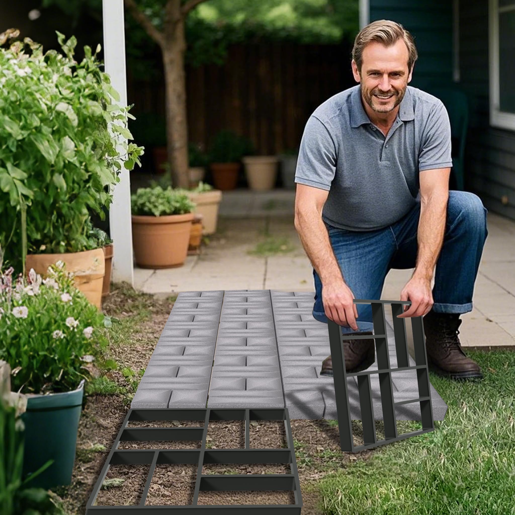YRHome Molde de hormigón para jardín, plástico, para pavimento, jardín, piedras negras, piedras para pavimentar, molde de riego de hormigón, para aceras, jardín, césped, cuadrado, modelo 3 (8