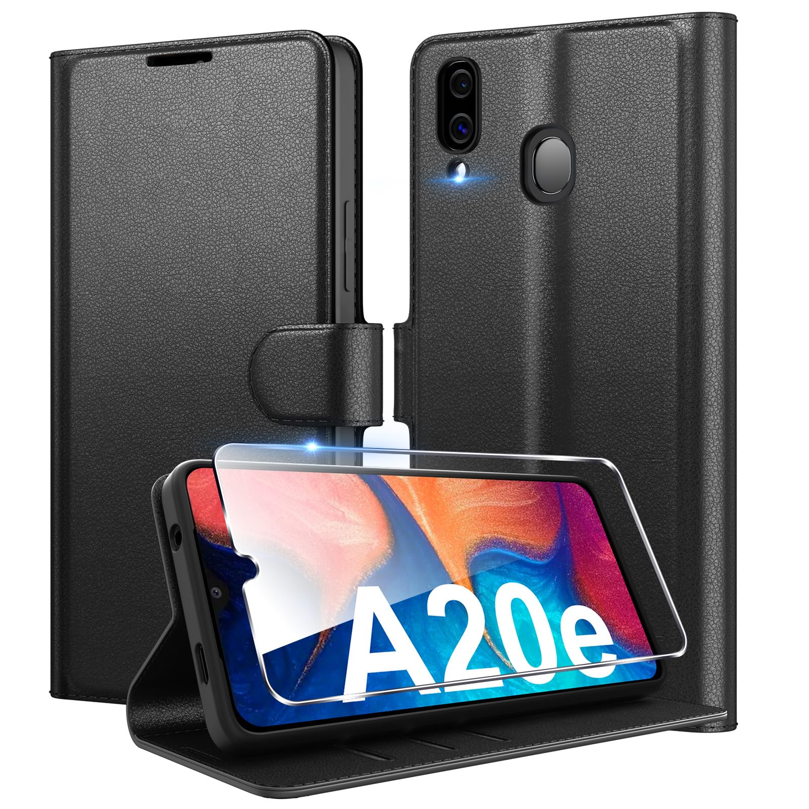 Eirltiy Cover per Samsung Galaxy A20e Portafoglio Pelle PU Premium, Custodia Scomparti Carte Antiurto Protettiva Case con 1 Vetro Temperato, Nero