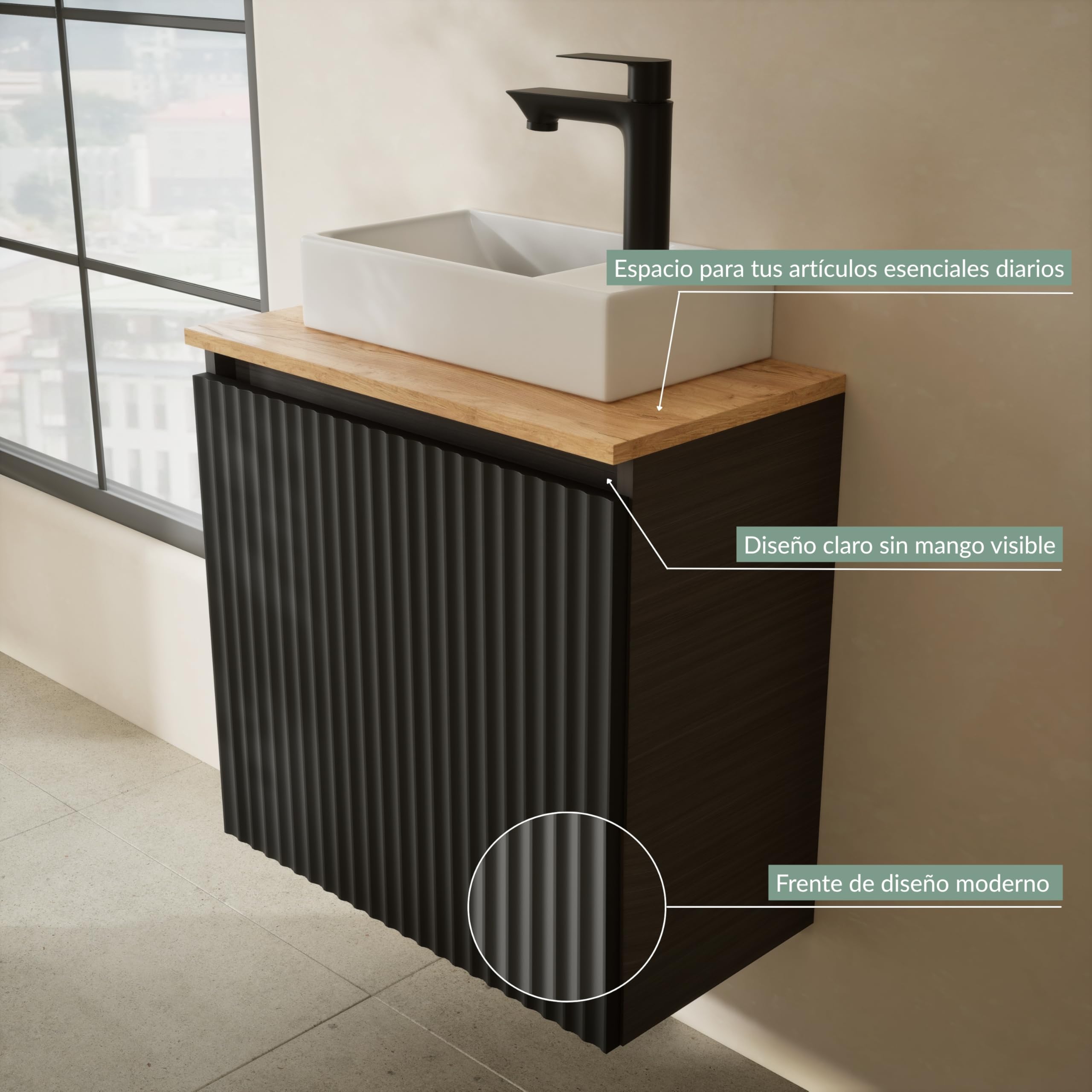 Planetmöbel Conjunto de muebles de baño Lavabo con mueble bajo 56 x 55 x 30 cm Antracita y roble dorado, espejo de baño con iluminación, 50 x 90 cm, espejo con marco, ovalado, 3 niveles de iluminación