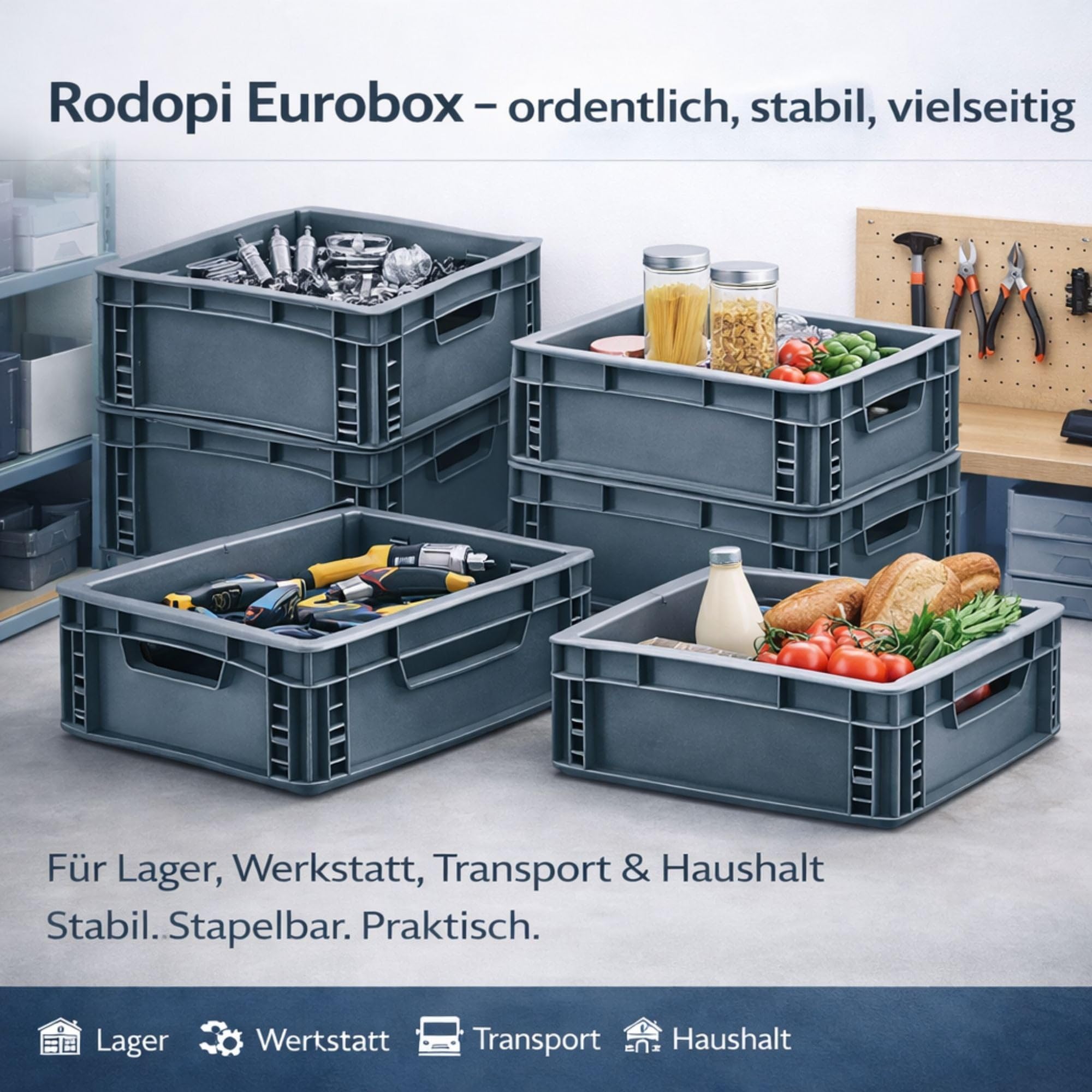 RODOPI 4x Eurobox 40x30x27 cm, stapelbar, graue Transportbox aus PP-Kunststoff, Eurobehälter mit 2 Grifföffnungen, Aufbewahrungsbox für Lager, Werkstatt, Haushalt
