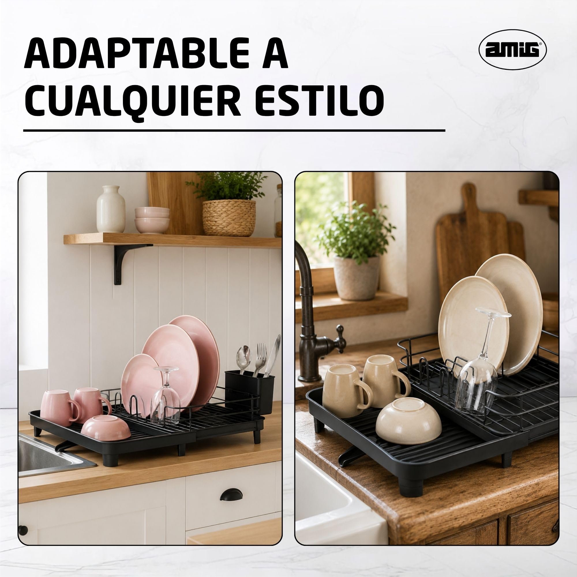 Amig Escurreplatos Extensible con Desagüe Negro Vika | Patas antideslizantes. Bandeja de goteo. Extensible de 31 a 52 cm. Acero y polipropileno.