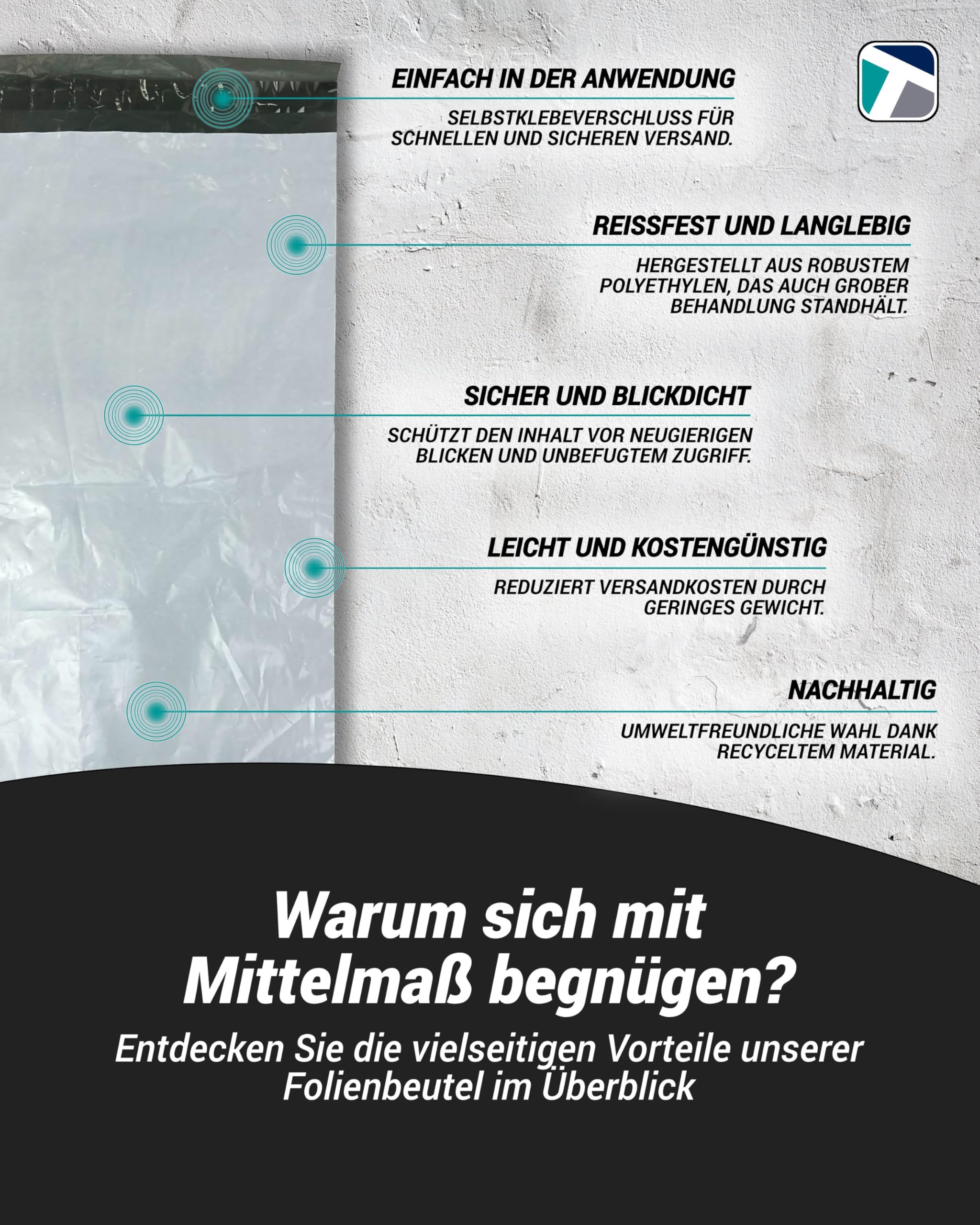 100 Stück Folienversandtaschen - strapazierfähig, blickdicht, reißfest, Polyethylen (LDPE), ideal für Kleidung, Dokumente und vieles mehr (50 µm - 450 x 550 mm)