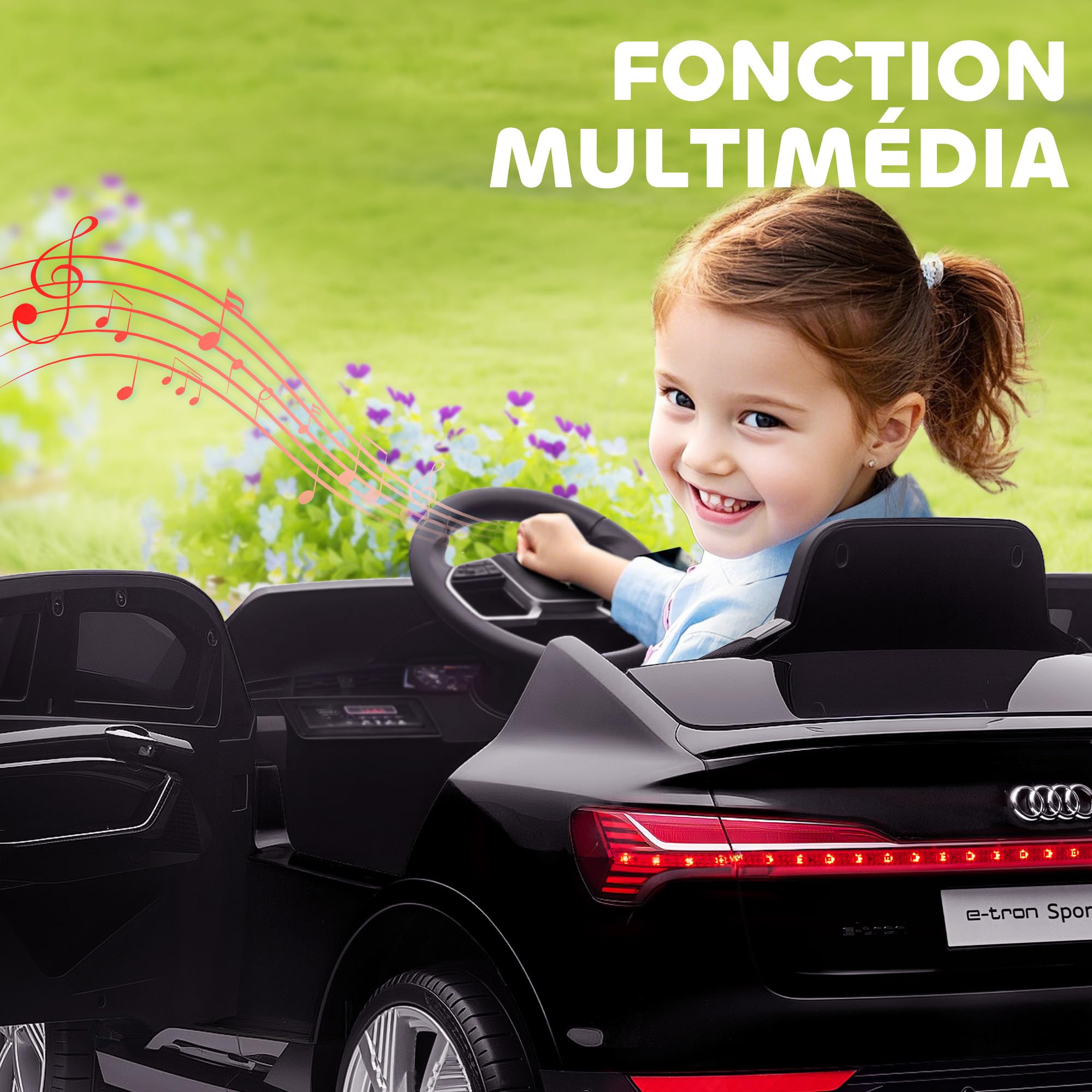 HOMCOM Voiture électrique Enfants sous Licence Audi e-tron Sportback, véhicule électrique 12V Max. 5 Km/h avec télécommande 2,4G, phares LED, Musique, klaxon, Port USB, MP3, Noir