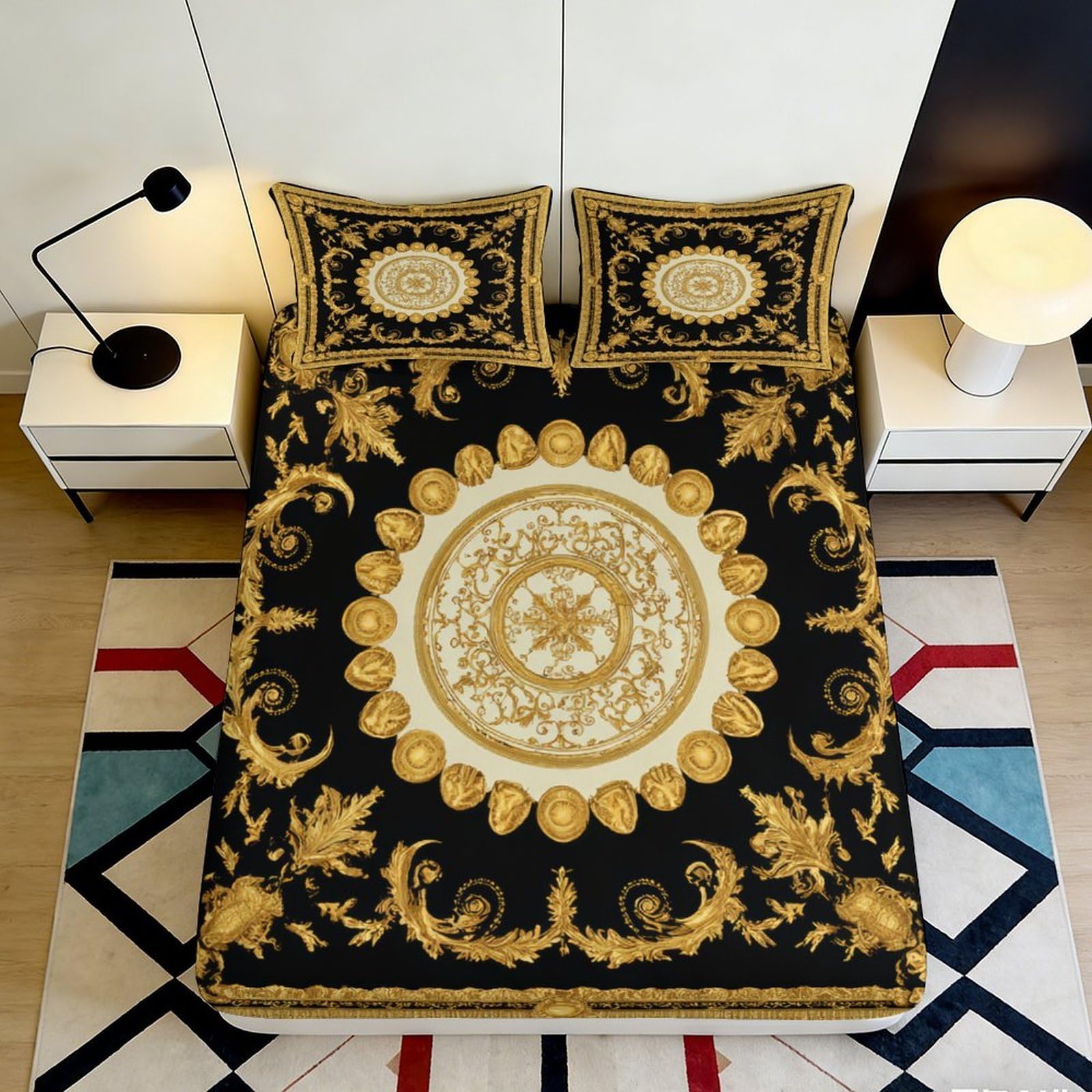 Uxinyoume Style-8 3D Printed Baroque Gold Fitted Sheet Microfiber Black Ornate Bed Cover For Bedroom Guest Room Dust Protection 90X200x25cm