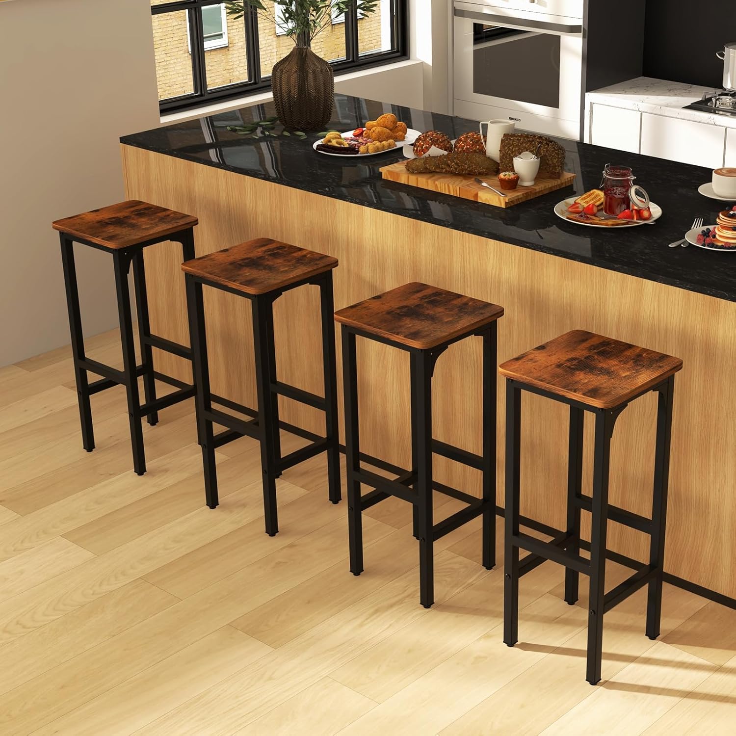 Set of 2 Black and Rustic Brown Adjustable Wood and Metal Bar Stools