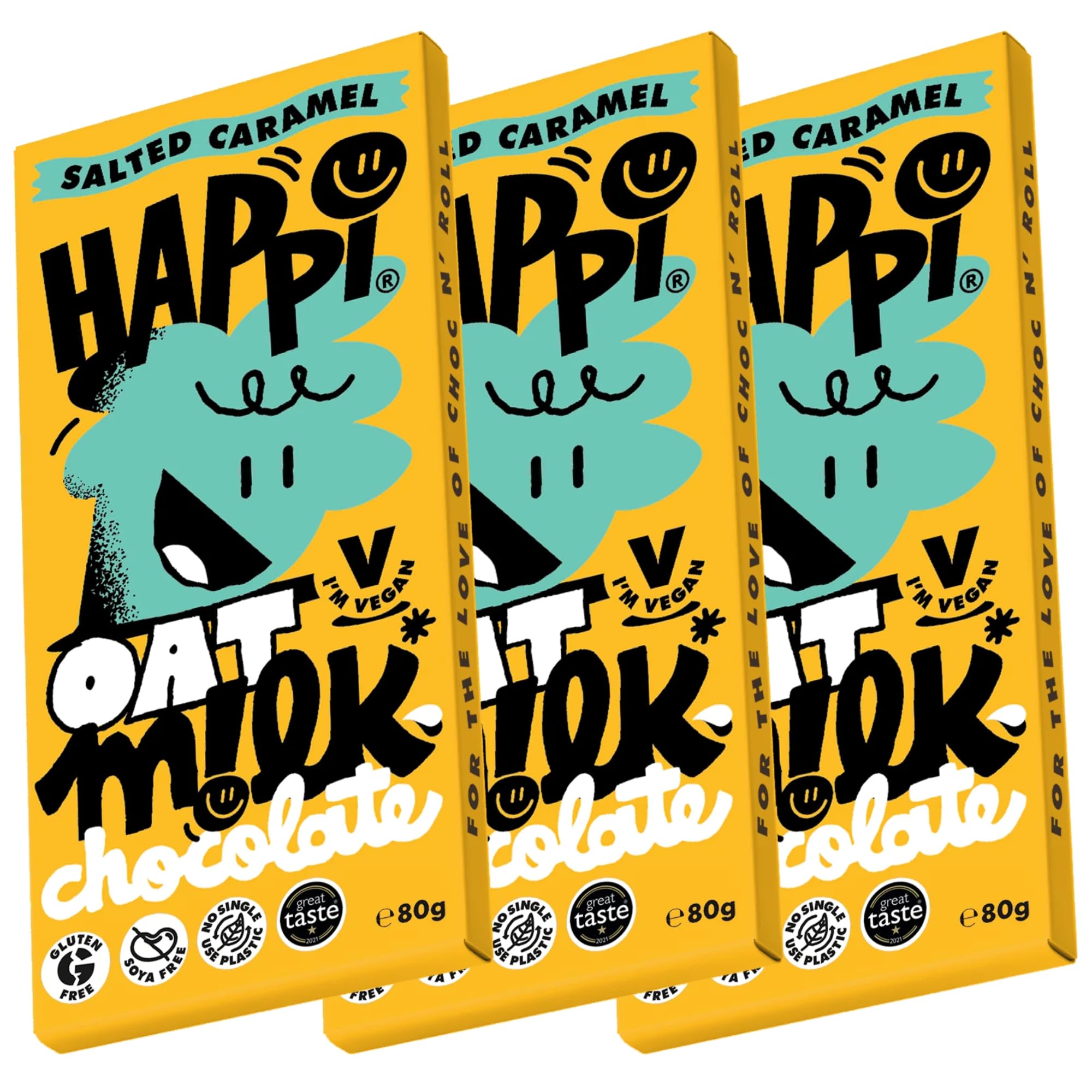 Happi Vegan Chocolate 3 x 80g Oat Milk Salted Caramel Bars - Vegan Chocolate Gifts - Gluten Free Snacks - Soya Free Treats