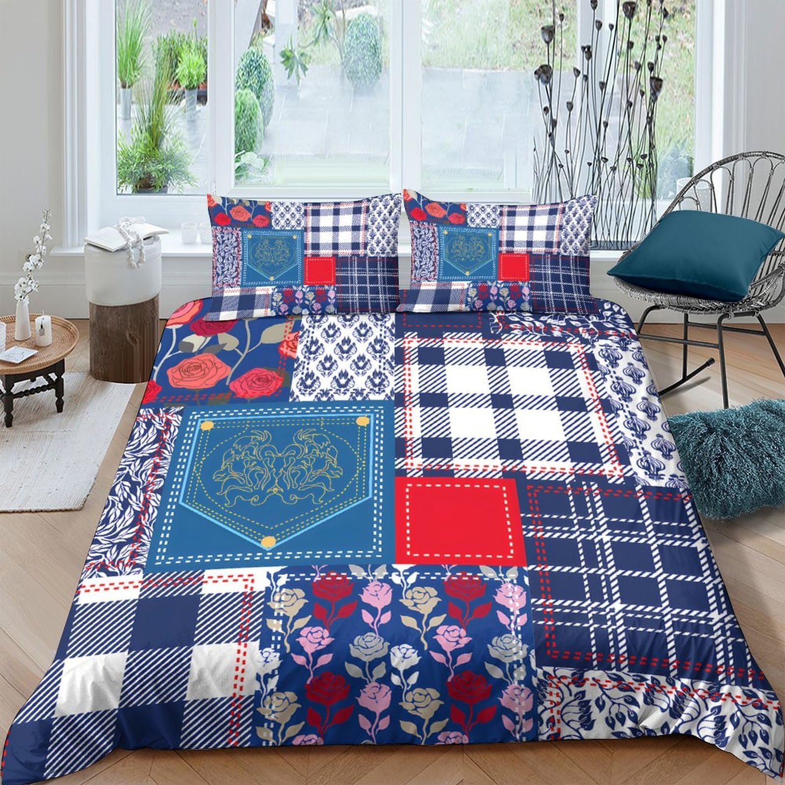Ctjqhvkz Style-10 3D Printed Patchwork Plaid Fitted Sheet Microfiber Red Blue Floral Bed Sheet For Bedroom Guest Room Mattress Cover Single（135X200cm）