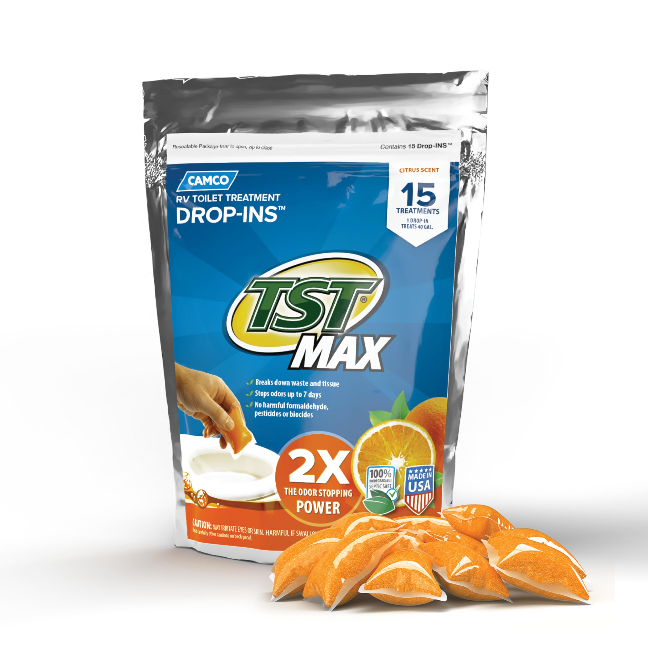 Camco TST MAX RV Toilet Treatment Drop-INs - Control Unwanted Odors and Break Down Waste and Tissue - Safe Septic Tank Treatment - Orange Scent - 15-Pack (41189)