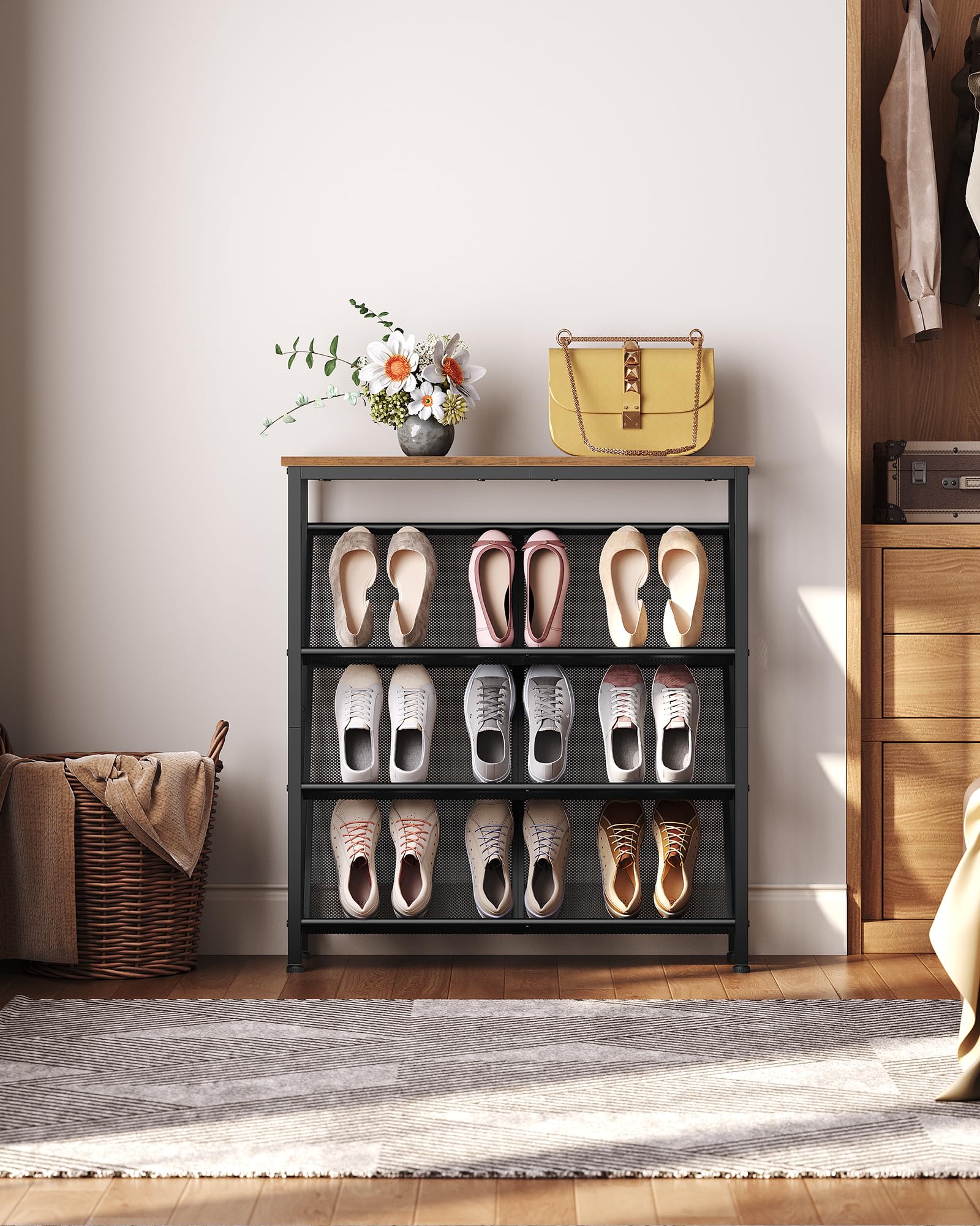 CHOEZON Schuhregal, 4-stufige Schuhablage, Schuhschrank schmal, Schuhständer, Schuhaufbewahrung, Schuh-Organizer, platzsparend, für Eingangsbereich, Garderobe, Flur, Vintagebraun und Schwarz DTXJ75BF