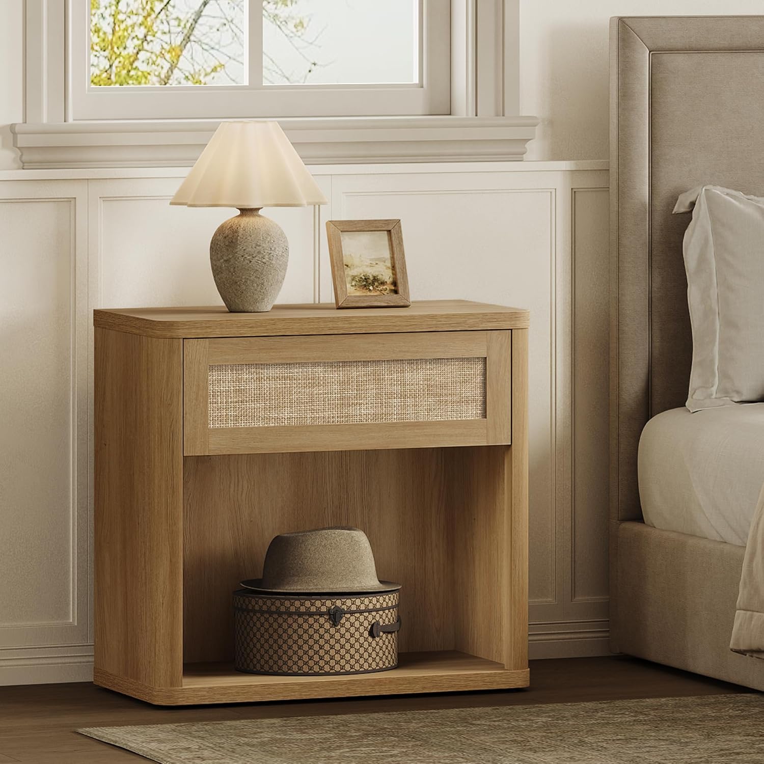 SICOTAS Night Stand 26" Wide Large Nightstands with Drawer & Shelf Storage Rattan Bedside Table Boho End Table Tall Bed Side Tables Night Stands for Bedroom Living Room Sofa Office Dorm, Amber Oak