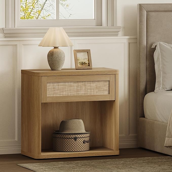 SICOTAS Night Stand 26" Wide Large Nightstands with Drawer & Shelf Storage Rattan Bedside Table Boho End Table Tall Bed Side Tables Night Stands for Bedroom Living Room Sofa Office Dorm, Sand Oak