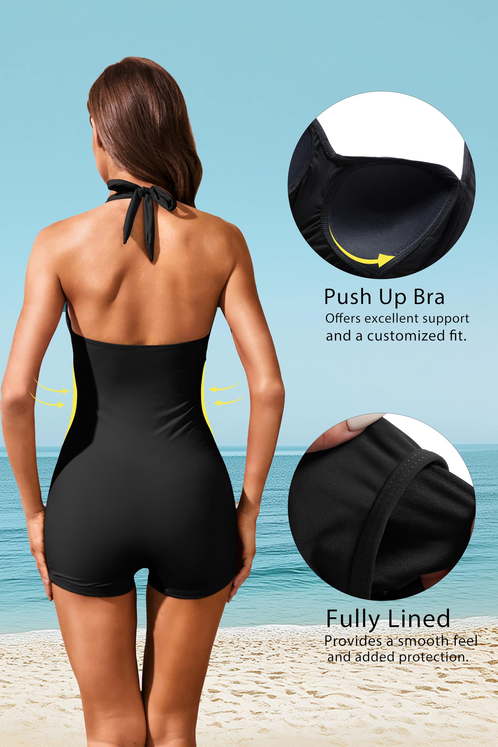 Tempt Me Traje de baño de una pieza con control de abdomen para mujer con pantalones cortos, traje de baño retro halter