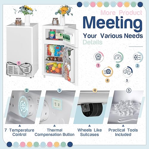 Miniatura 3 de Refrigerador de doble puerta con congelador, 3.5 pies cúbicos, refrigerador pequeño con congelador, 7 ajustes de temperatura ajustable, mini