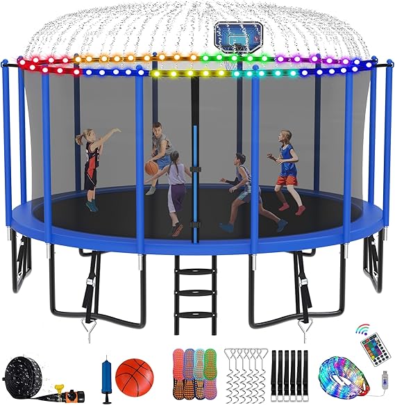 DeepRoar Tranpoline for Kids and Adults, 1500LBS 16FT 15FT 14FT 12FT 10FT 8FT Tranpoline with Basketball Hoop, Safety Enclosure Net, Heavy Duty Tranpoline with Light, Sprinkler, Socks, ASTM Approved
