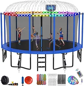DeepRoar Tranpoline for Kids and Adults, 1500LBS 16FT 15FT 14FT 12FT 10FT 8FT Tranpoline with Basketball Hoop, Safety Enclosure Net, Heavy Duty Tranpoline with Light, Sprinkler, Socks, ASTM Approved