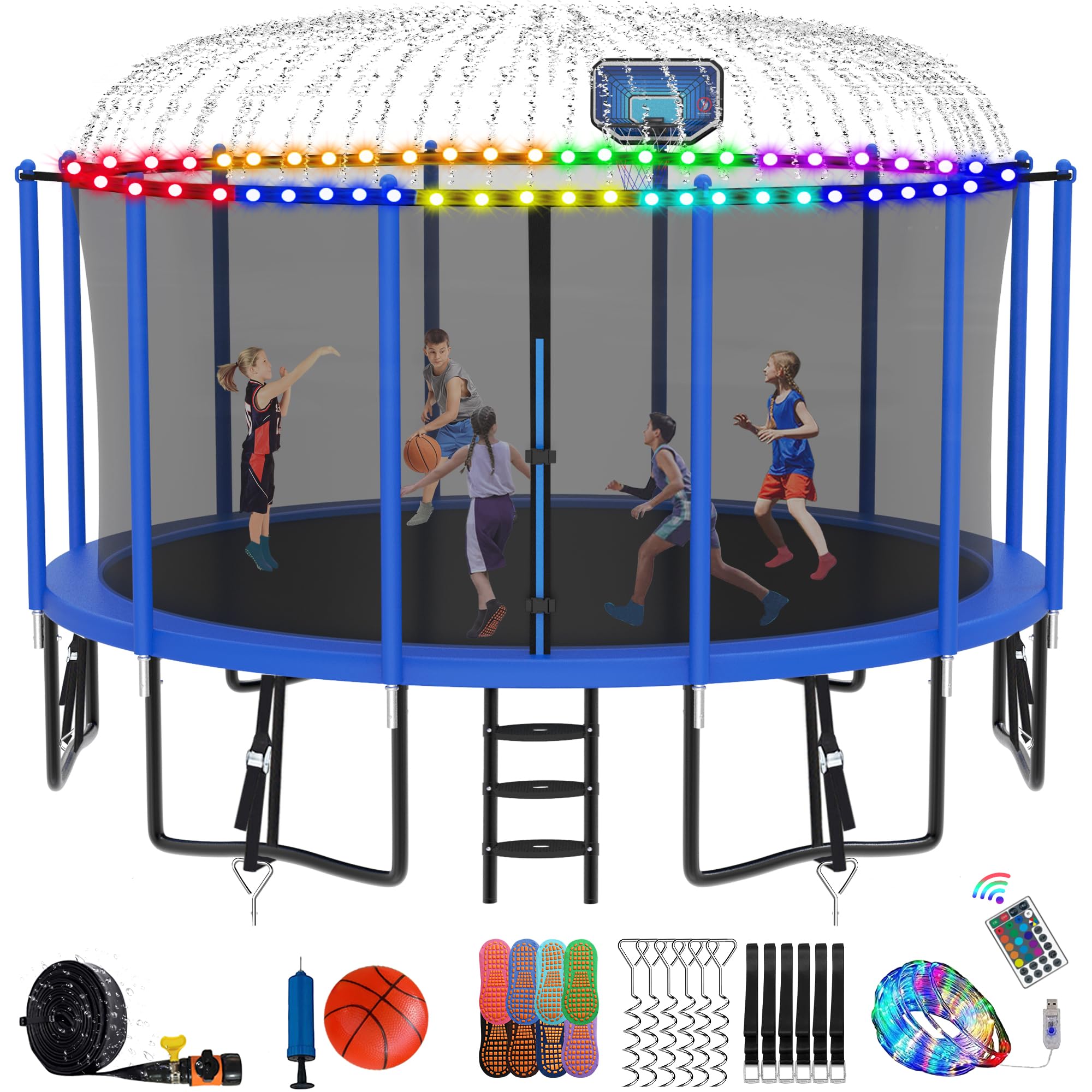 DeepRoar 2026 Upgraded 8FT 10FT 12FT 14FT 15FT 16FT Outdoor Tranpoline for Kids, Big tranpoline with Basketball Hoop, Lights, Sprinkler & Socks, Heavy