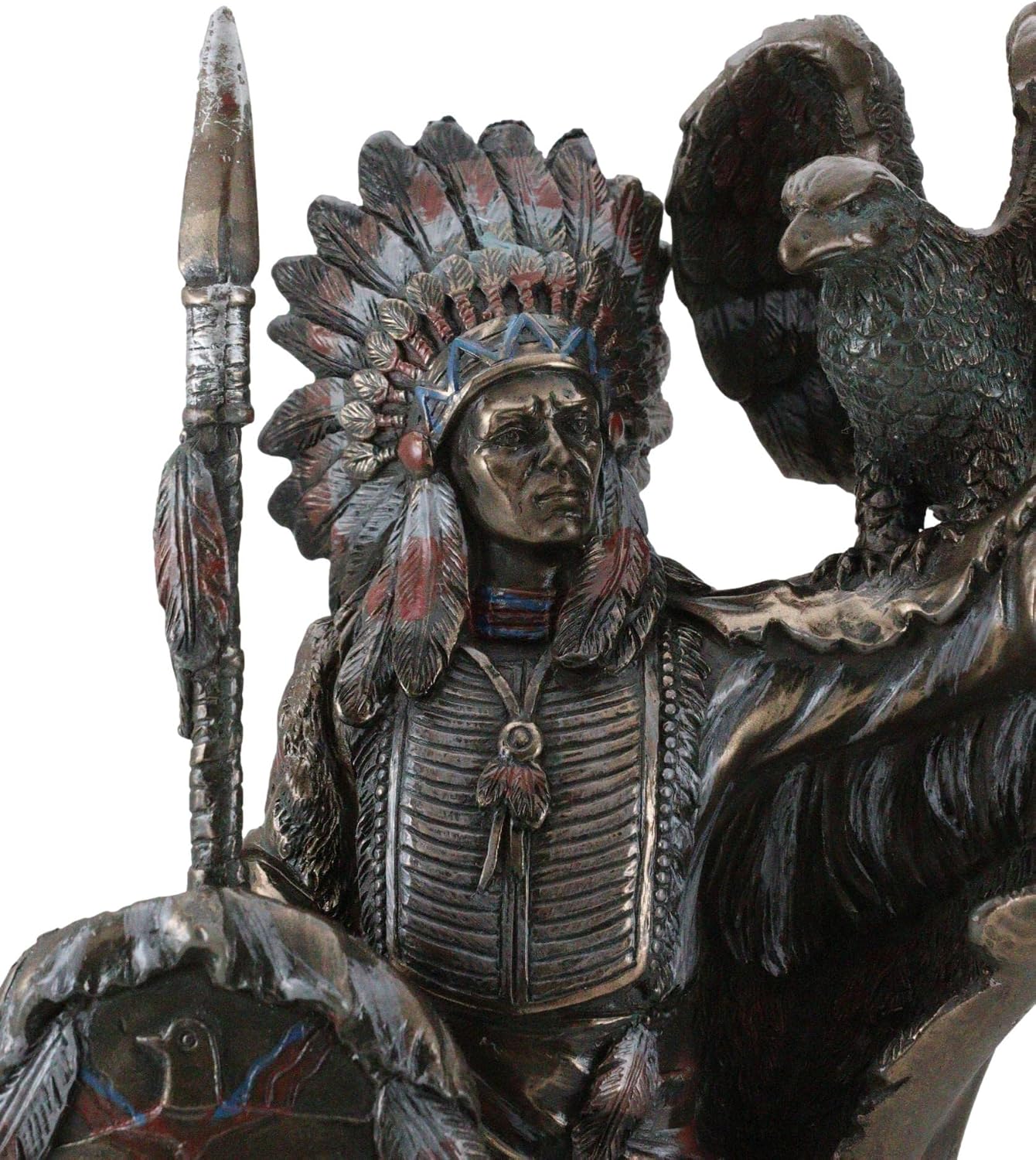 Ebros Native American Indian Tribal Chief Warrior with Roach Headdress Spear Shield and Bald Eagle Scout Bird Statue 8.5" Tall Indians Figurines and Statues Cultural Heritage Home Decor Eagles Totem