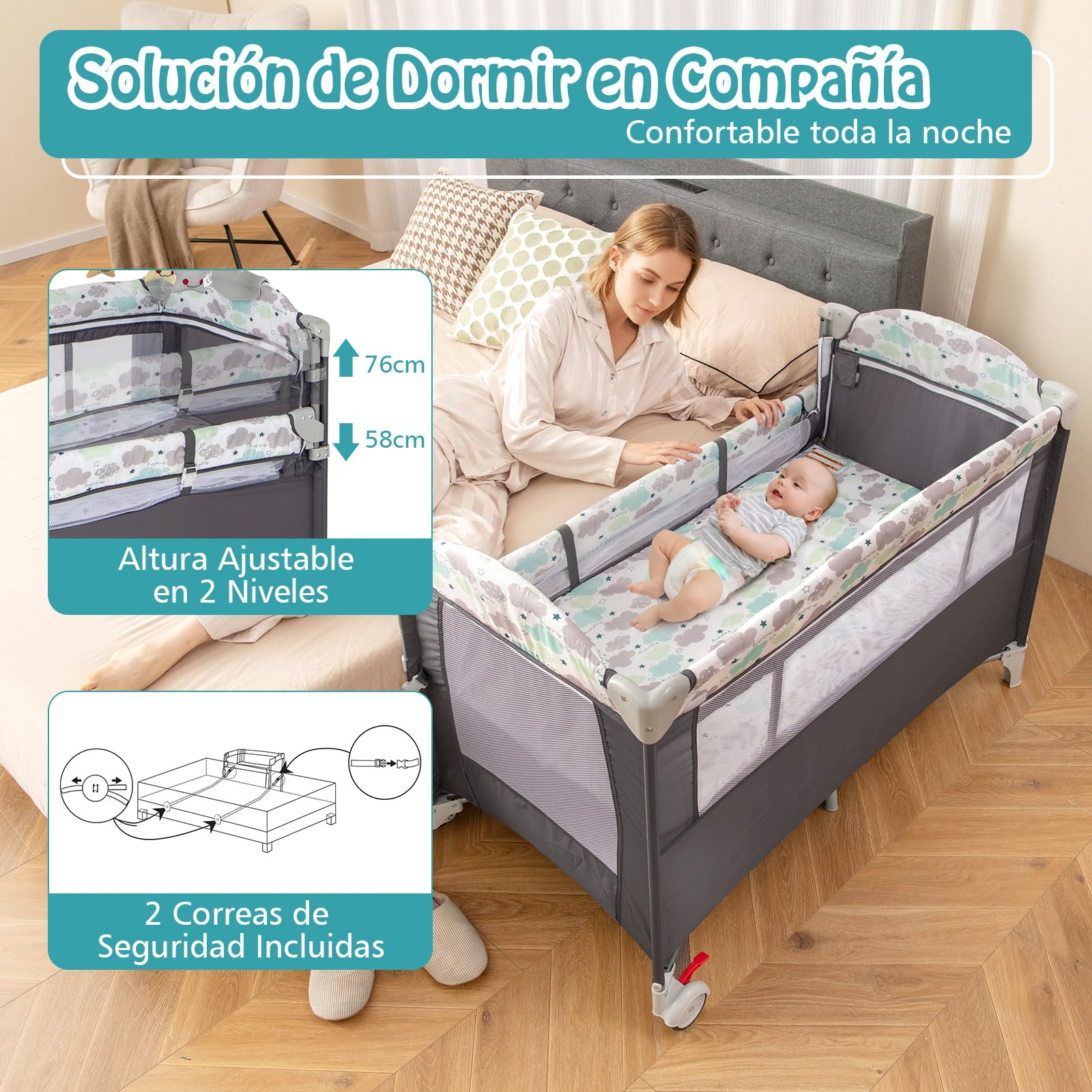 RELAX4LIFE 5 en 1 Cuna Infantil Bebe con 2 Ruedas Bloqueables, Cambiador, Correa Fijación, Caja de Música y 3 Juguetes Colgantes, Cuna con Colchón y Bolsa de Transporte para Bebés 0-36 Meses (Gris)