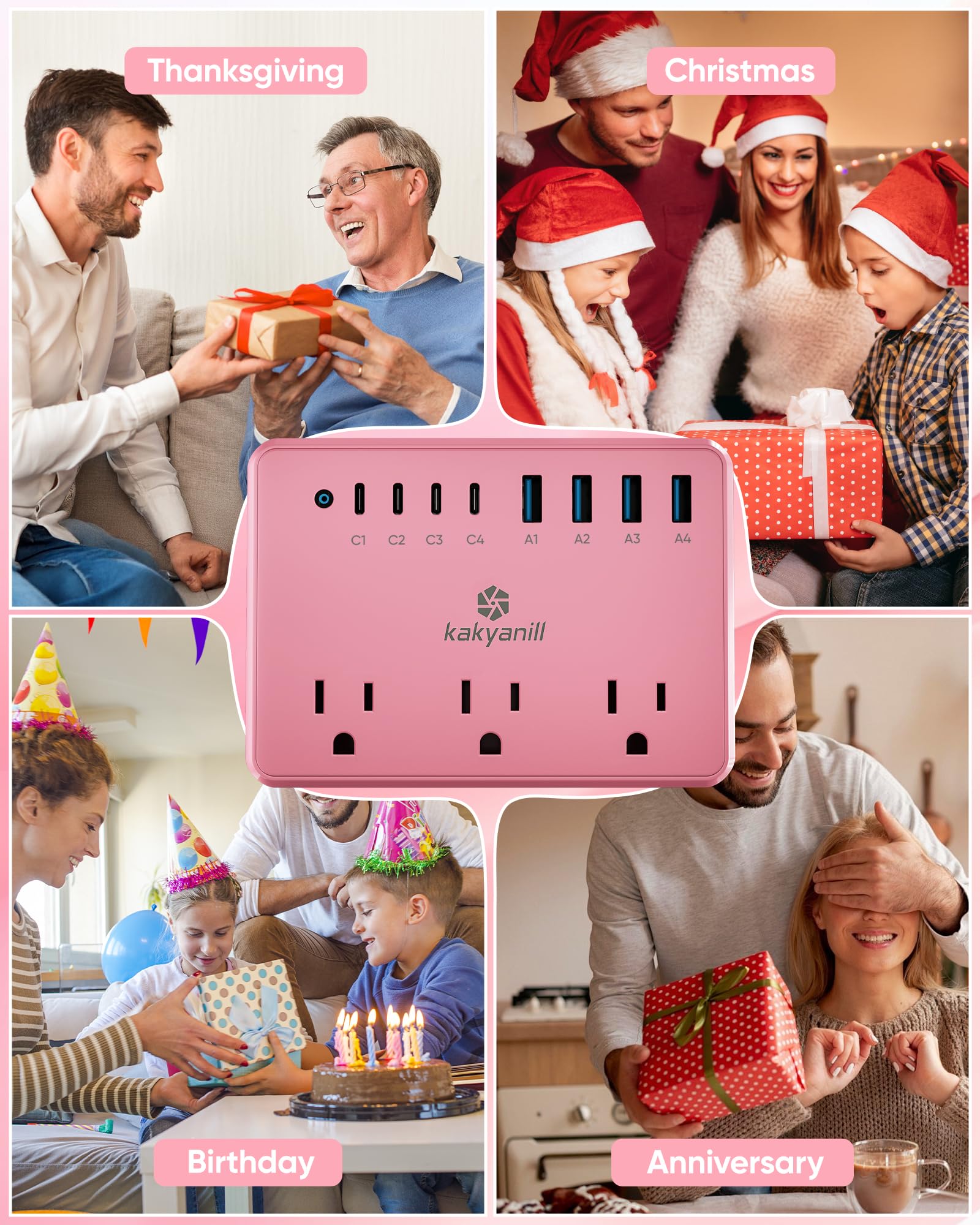 Kakyanill - Regleta de alimentación rosa, 6 salidas de CA, 8 puertos USB (4 USB C) con protector de sobretensiones 2000J, cable de extensión de enchufe plano de 5 pies, compacto para computadora