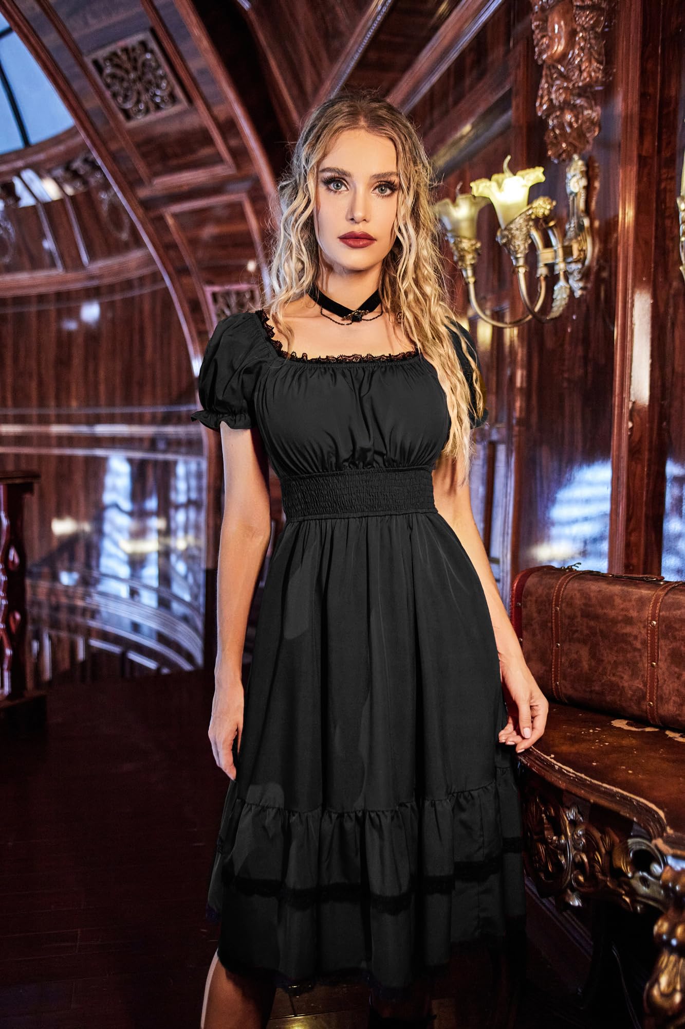 Scarlet Darkness Gothic Victorian Dresses Renaissance Costume Women Midi Dress: Medium Black