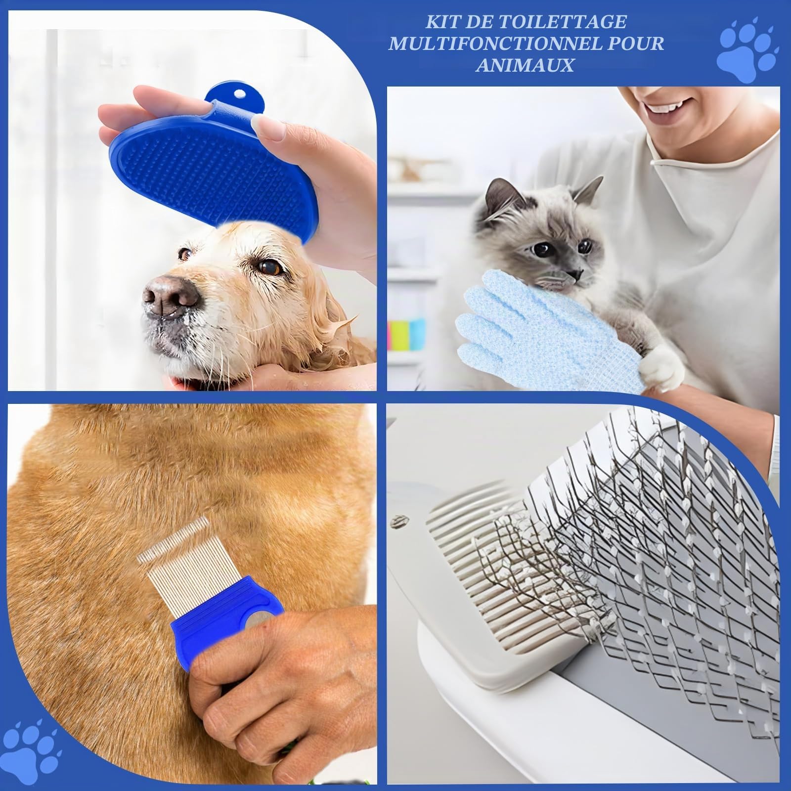 Kit toilettage lapin - 8 pièces Tondeuse Coupe-ongles Lime Massage Gant bain Peigne puces chat chiot