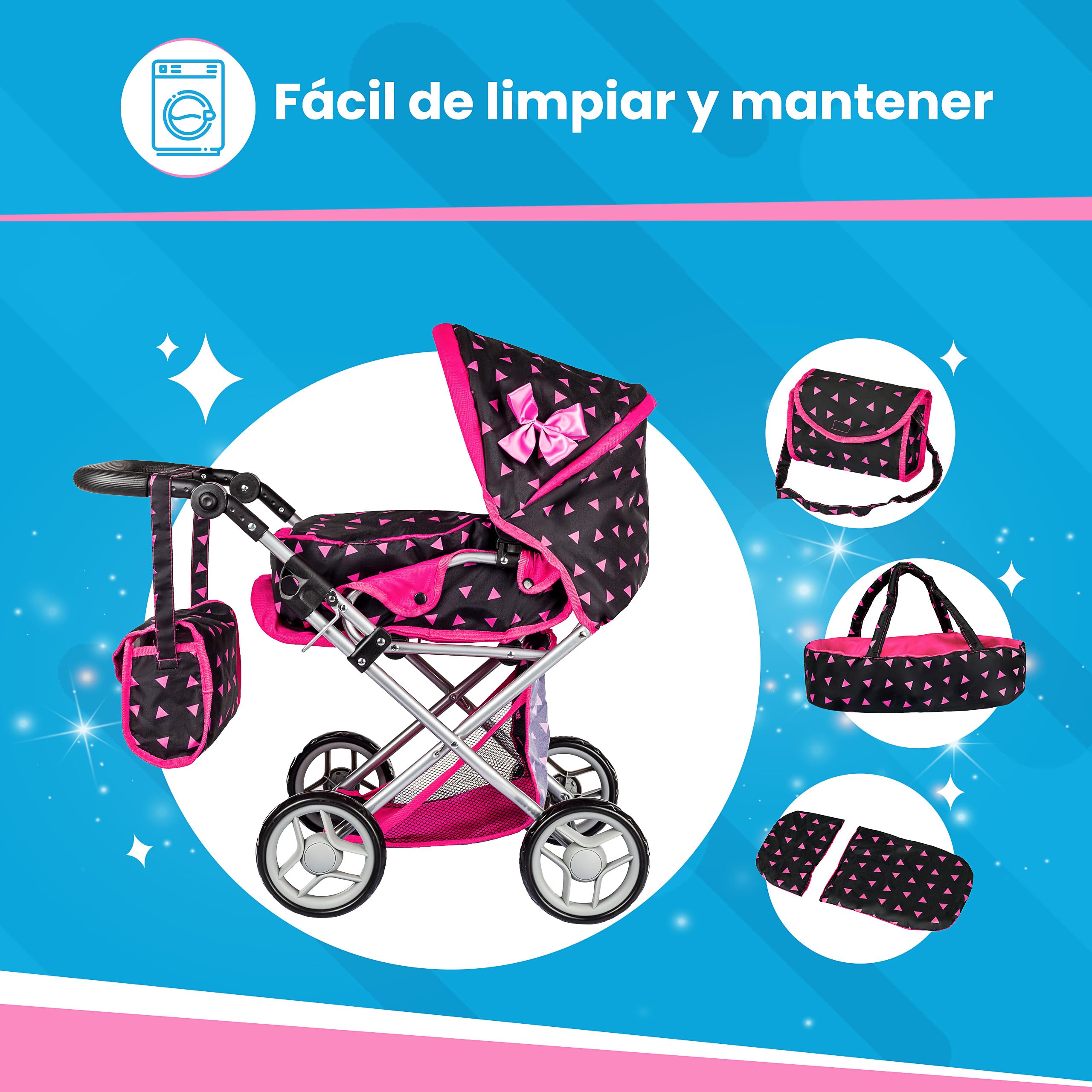 Kinderplay Carrito Bebe Juguetes, Cochecito para Muñecas - Cochecito de Muñecas, Gondola, Permite Ajustar El Mango En Un Rango de 36.5 cm a 64 cm, KP0200R