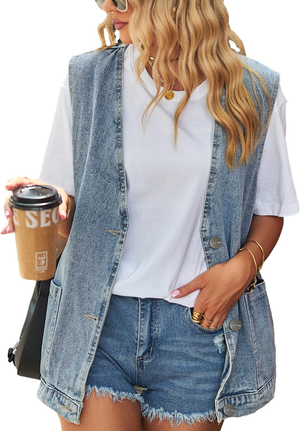 Womens Oversized Sleeveless Jean Denim Jacket Button Down Vest Top for Women Summer Waistcoat Jeans Vests Tops