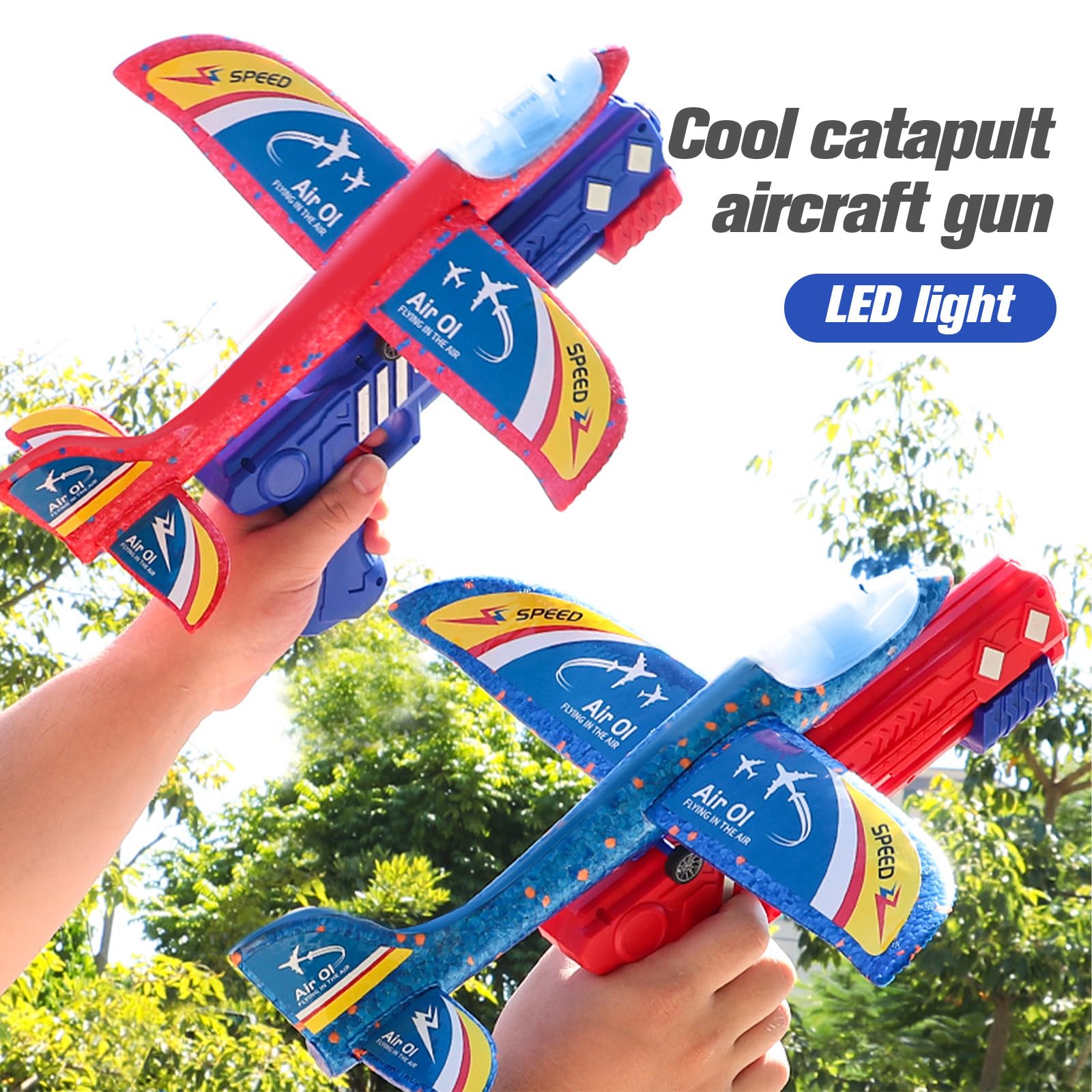 TEGOVE Avion Planeur en Polystyrène avec Pistolet Catapulte LED - 3 Avions Jouets Volants pour Enfants 3-10 Ans, Jeux de Lancer Extérieur Cadeau Anniversaire Garçon Fille - 5