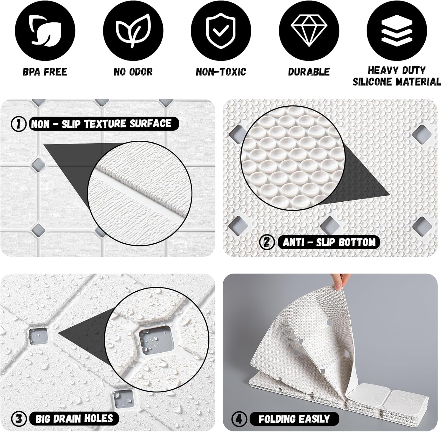 Bath Mat for Textured Tub: Silicone Bathtub Mat Foldable Shower Mat Non Slip Tub Mat No Suction Cups 28 X 17.7Inch - White