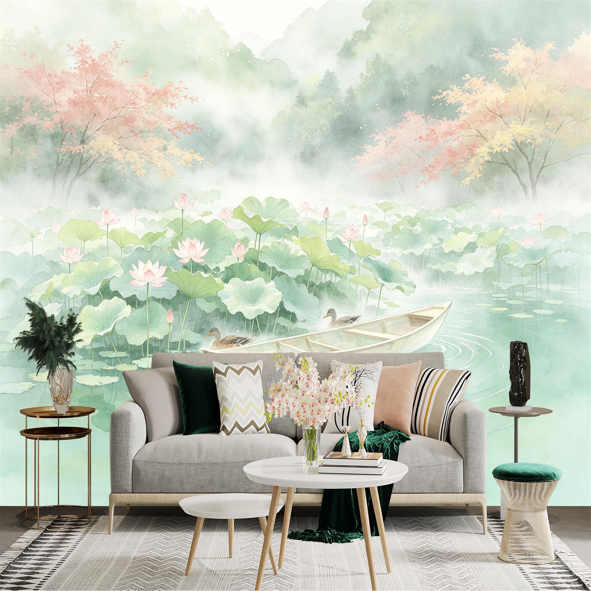 Custom Size Wall Sticker Mural， Watercolor Lotus Pond with Small Boat， Peaceful Misty Lake， Serene Floral Scenery， for wall Decoration， peelandstick wall Decals.