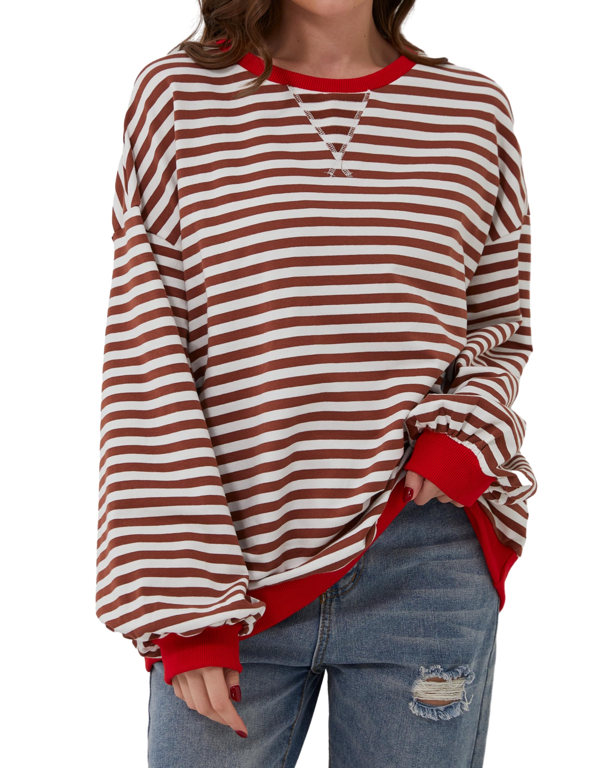 Labolliy Women Striped Oversized Sweatshirt Color Block Crew Neck Long Sleeve Casual Pullover Top Fall Y2K Clothes M Rust Red