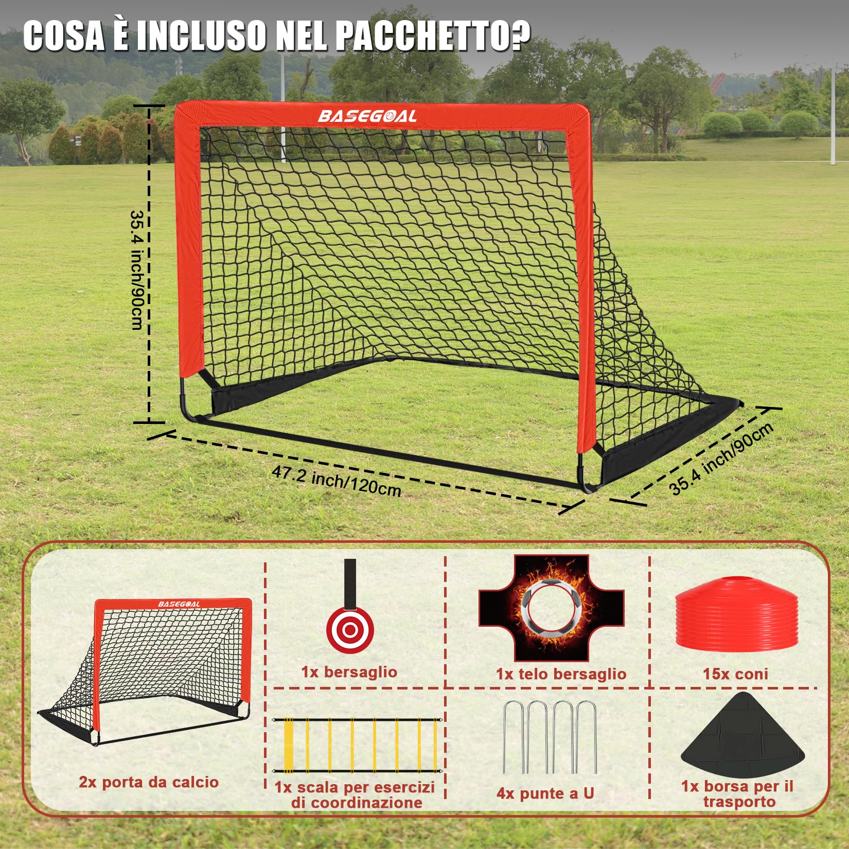 BaseGoal 3-in-1 Porta da Calcio da Giardino con Completo per Allenamento | Porte da Calcio con Rete, Panno Bersaglio, Bullseye e Disco Marcatore, Adatto Come Un Regalo per Gli Appassionati di Calcio
