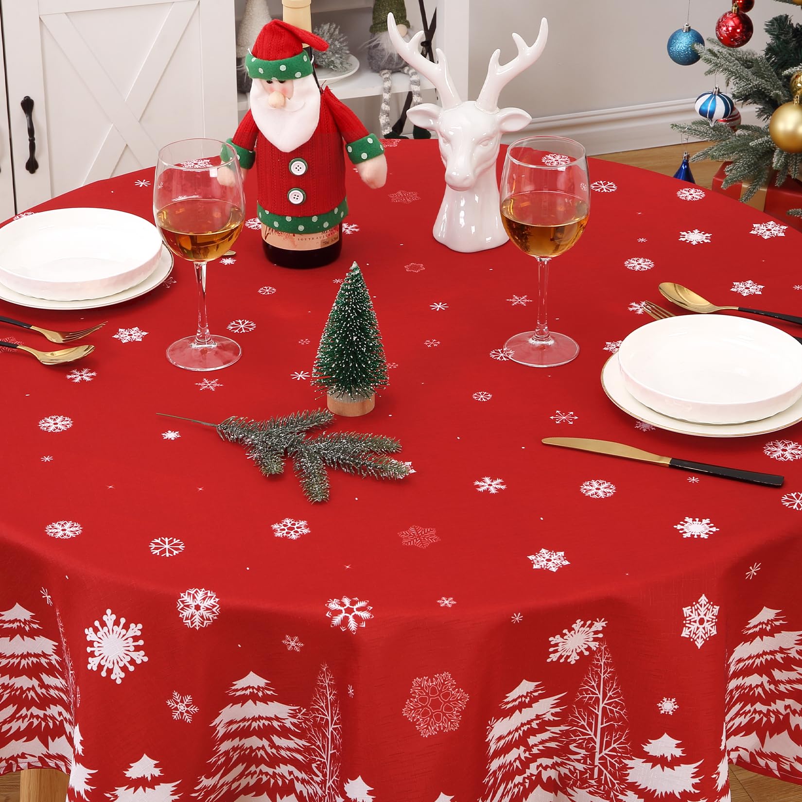 Mnsruu Weihnachtstischdecke Rund – 152,4 Cm Durchmesser, Rot Mit Schneeflocken & Spitze, Aus Polyester, Für Festtafeln & Deko