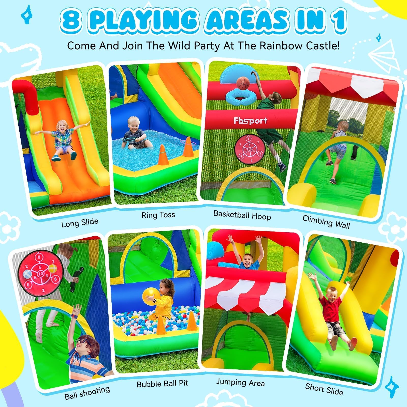 Castello Gonfiabile per Bambini con Doppio Scivolo, Interno ed Esterno | Trampolino, Piscina di Palline, Tiro della palla, Lancio dell'anello, Parete da Arrampicata ,Cesto da Basket, 322×305×208 cm