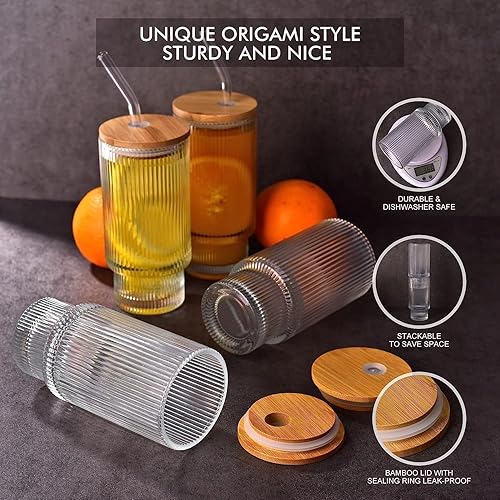 Miniatura 5 de ALINK Juego de 4 vasos acanalados de 16 onzas con tapas de bambú y pajitas de vidrio, vasos de café helado vintage, vaso de vidrio estilo origami