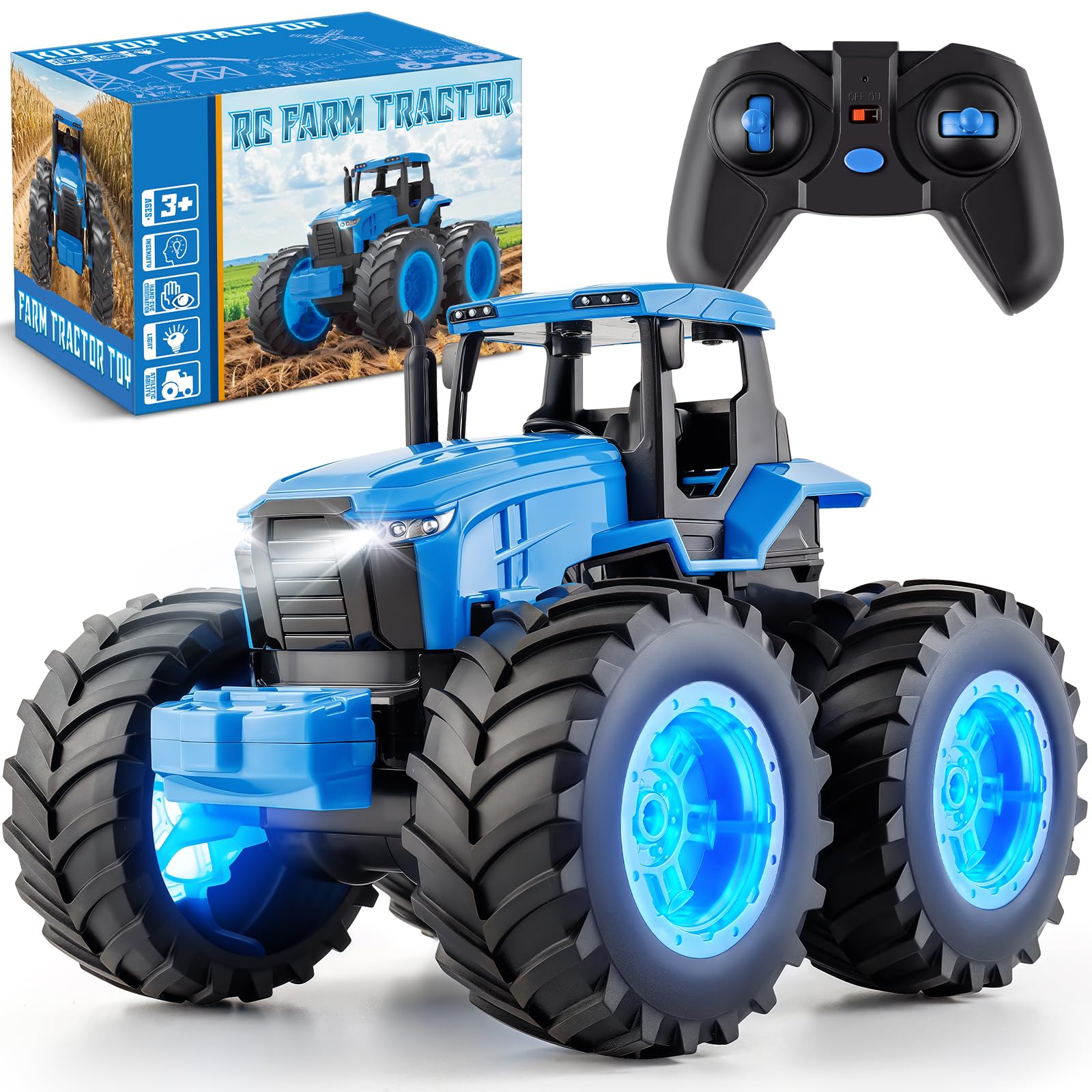 BAYSING Remote Control Monster Tractor Toy, Blue Light Up Monster Truck Toy
