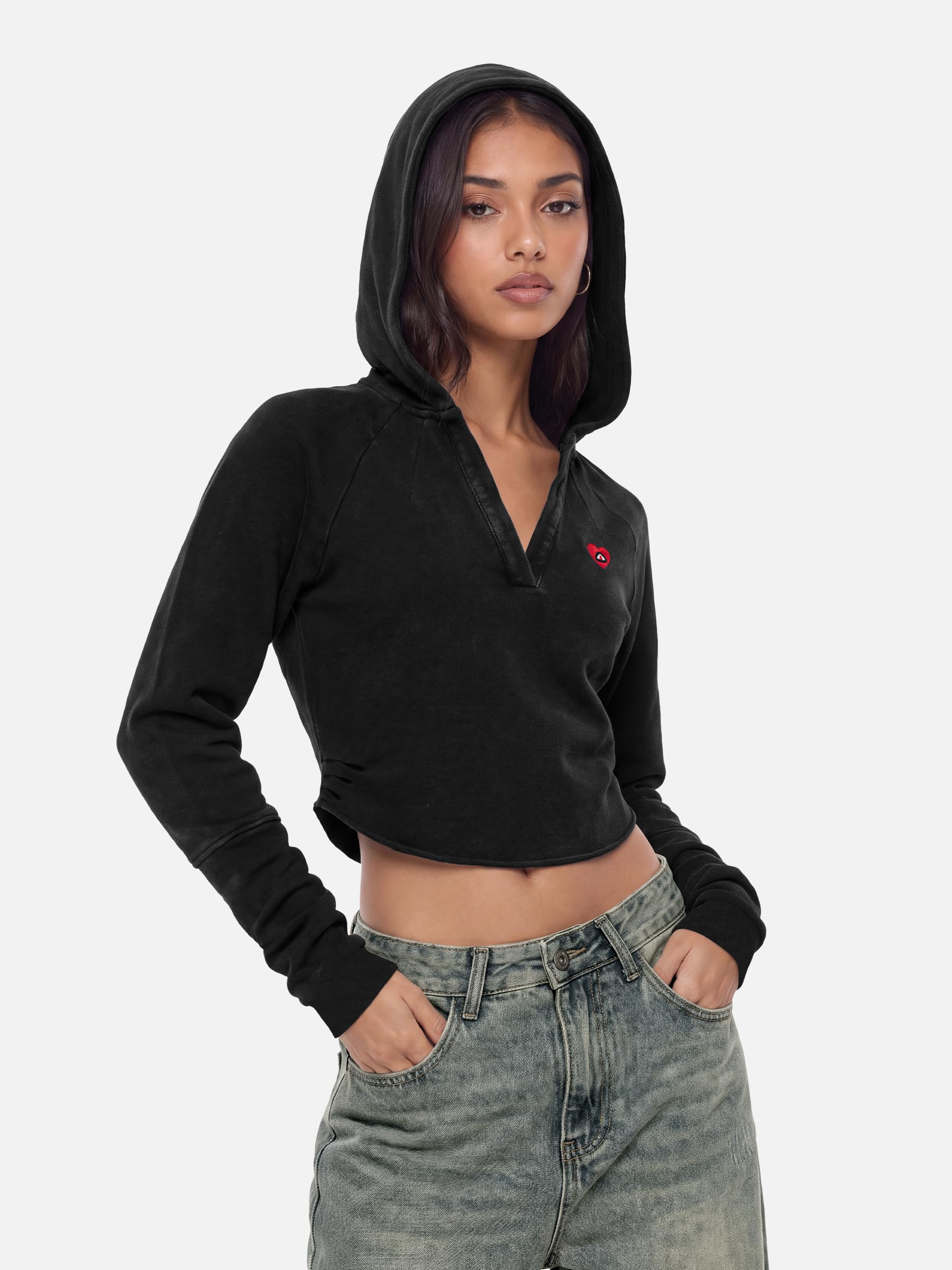 Aelfric Eden Sudadera con capucha para mujer, estilo vintage, cuello | Cropped Hooded Slim Hoody mit Kapuze Y2K Hooded Casual Pulli Vintage Langarmshirt