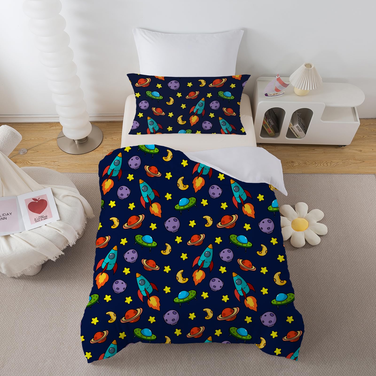 ROZTYLJ Cot Bed Duvet Cover Set Space Patterns Toddler Bedding Set For Boys Microfiber Cot Duvet Cover 120x150cm & Pillow Case 40x60cm